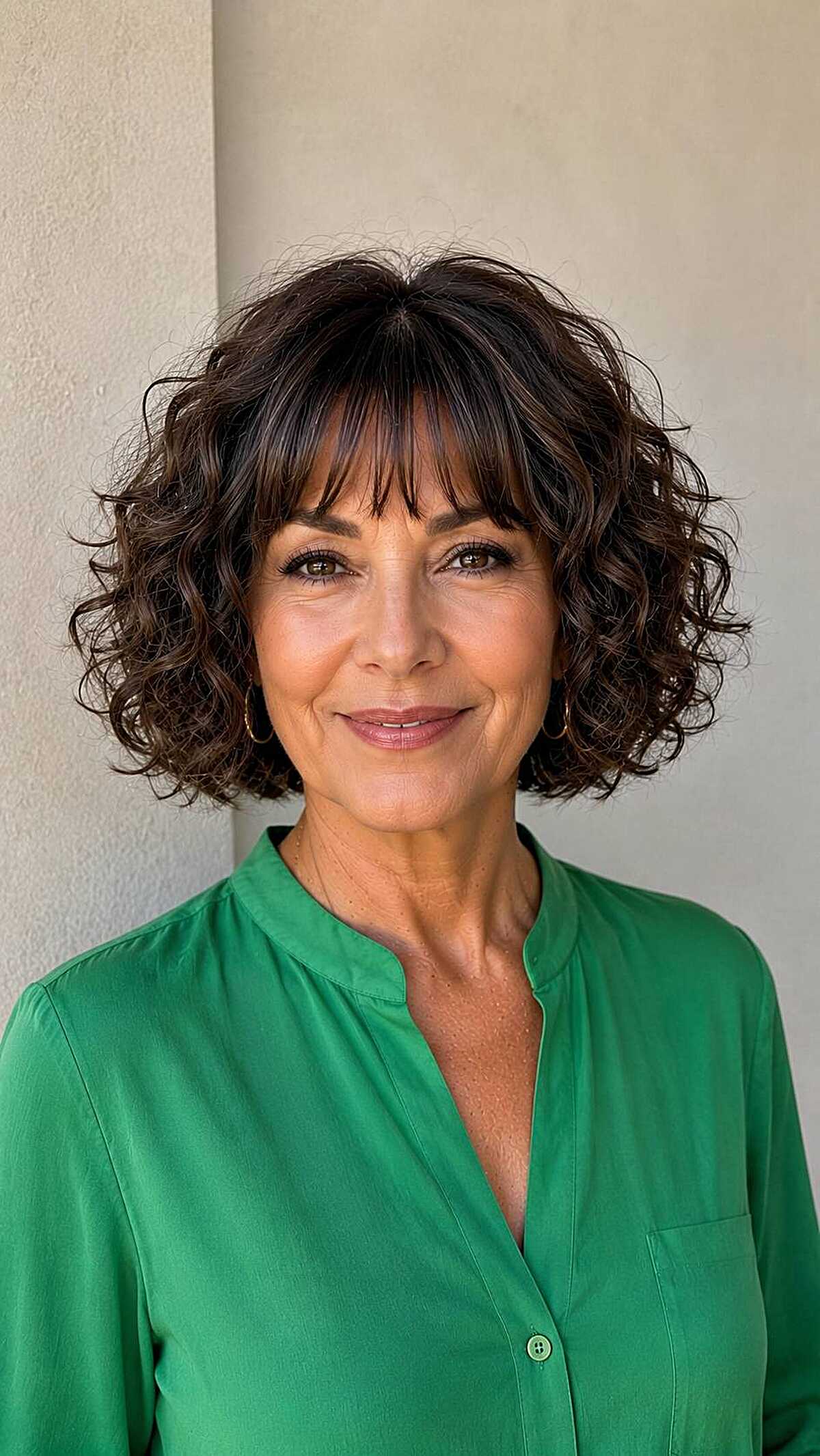 Curly dark brunette chin bob with textured bangs