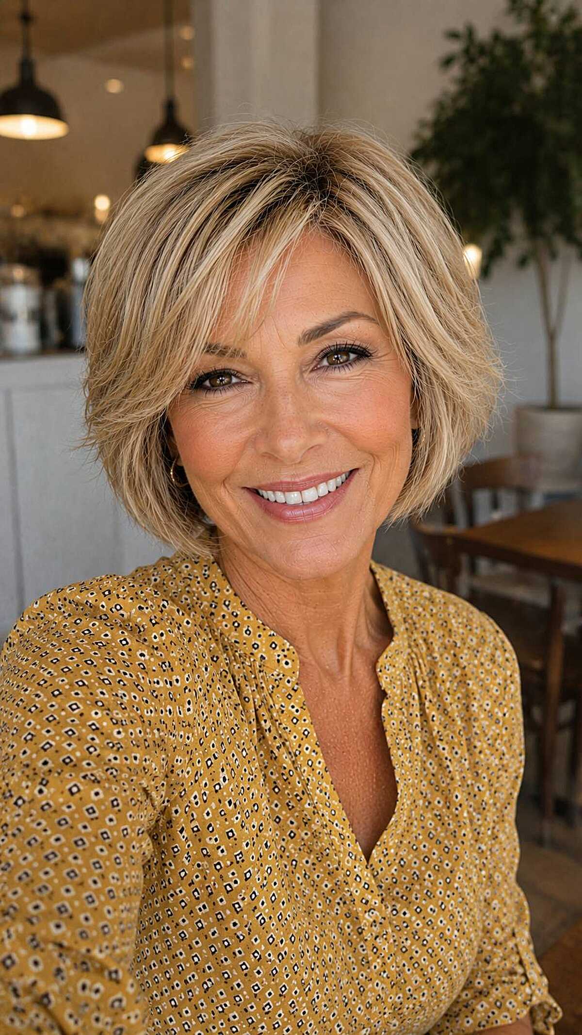 Feathered honey blonde chin-length bob with layers