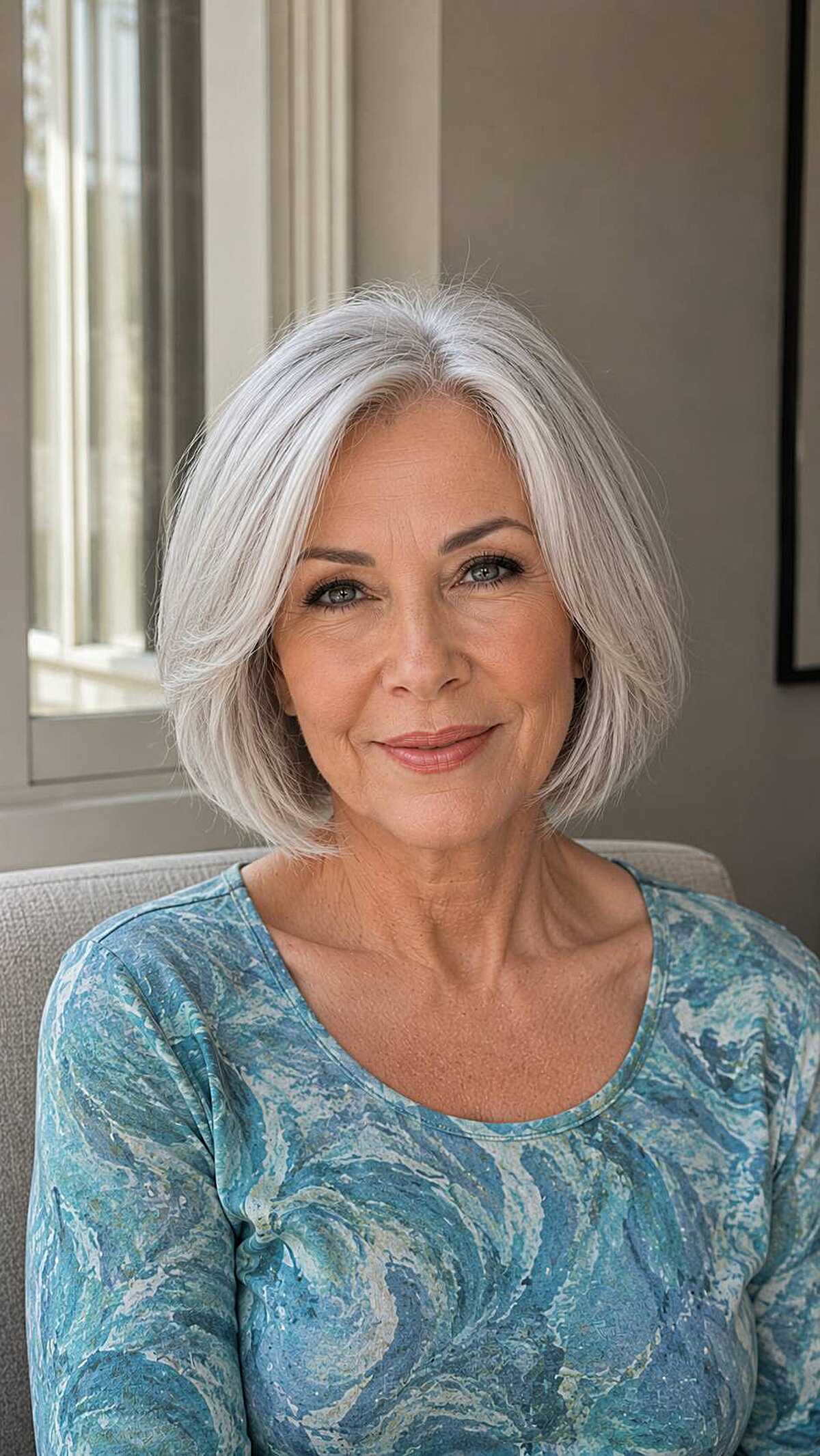 Icy platinum white chin-length bob with soft body