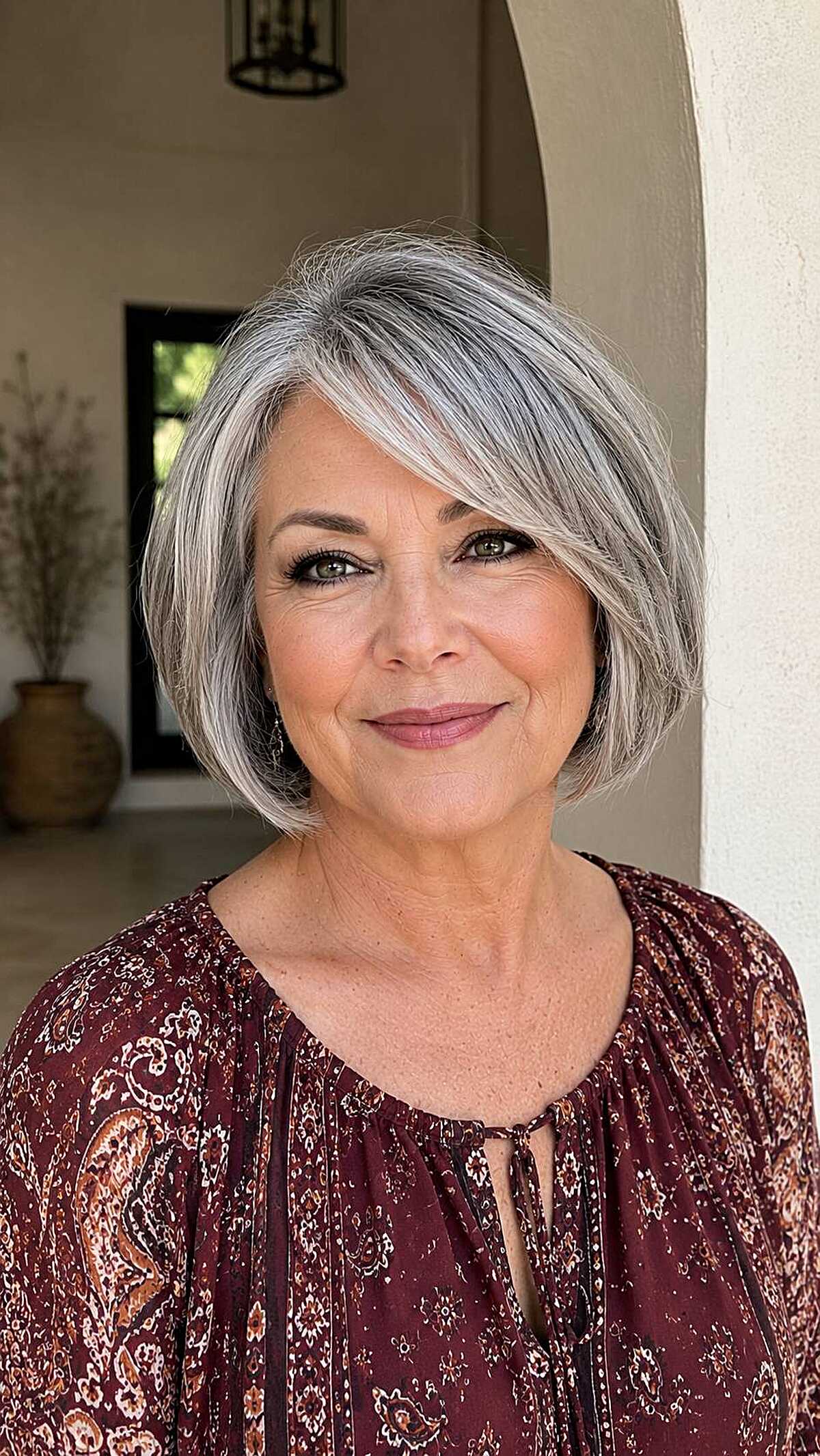 Salt and pepper chin bob with swooped side bangs