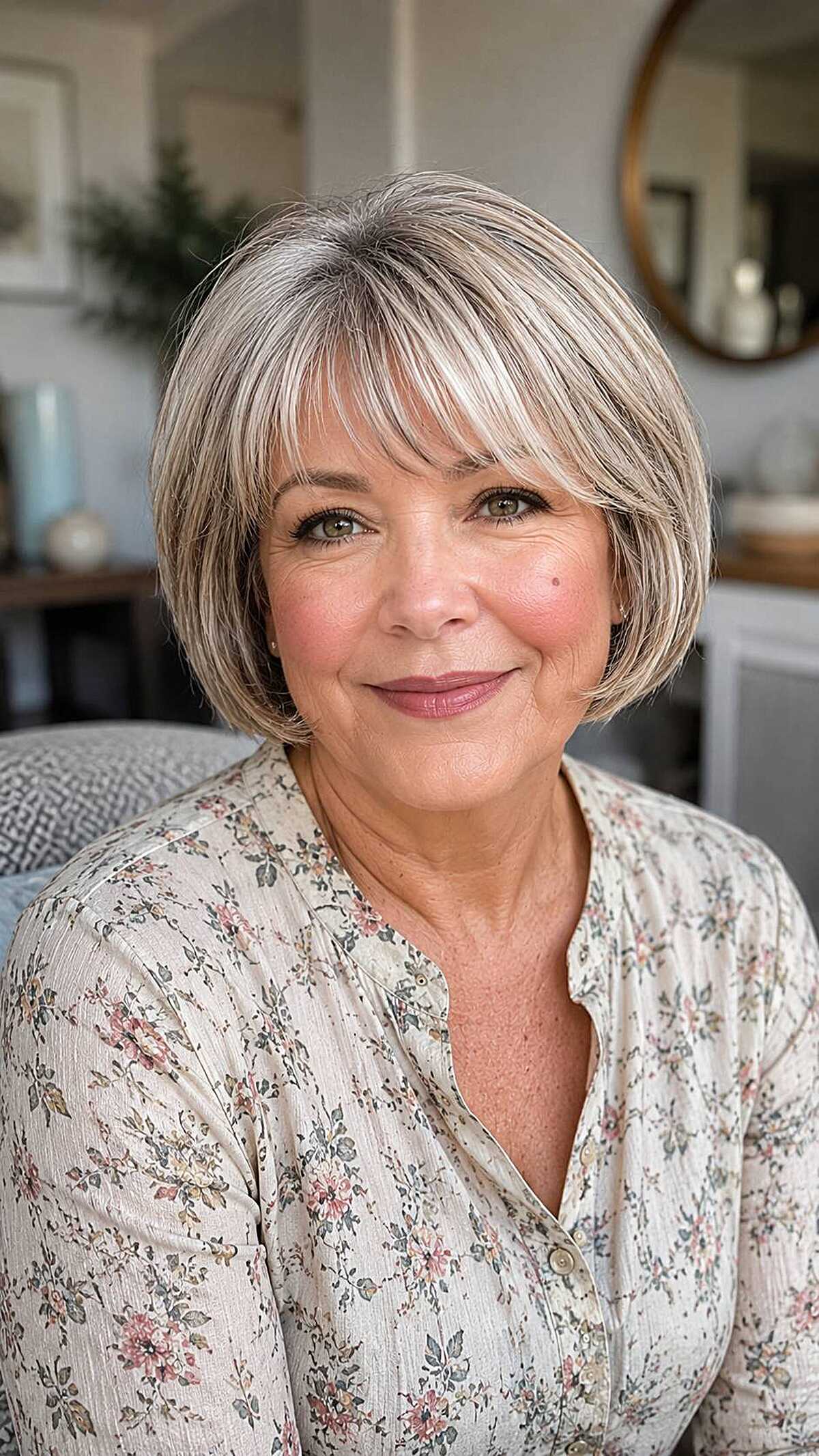 Ash silver chin-length bob with soft wispy bangs