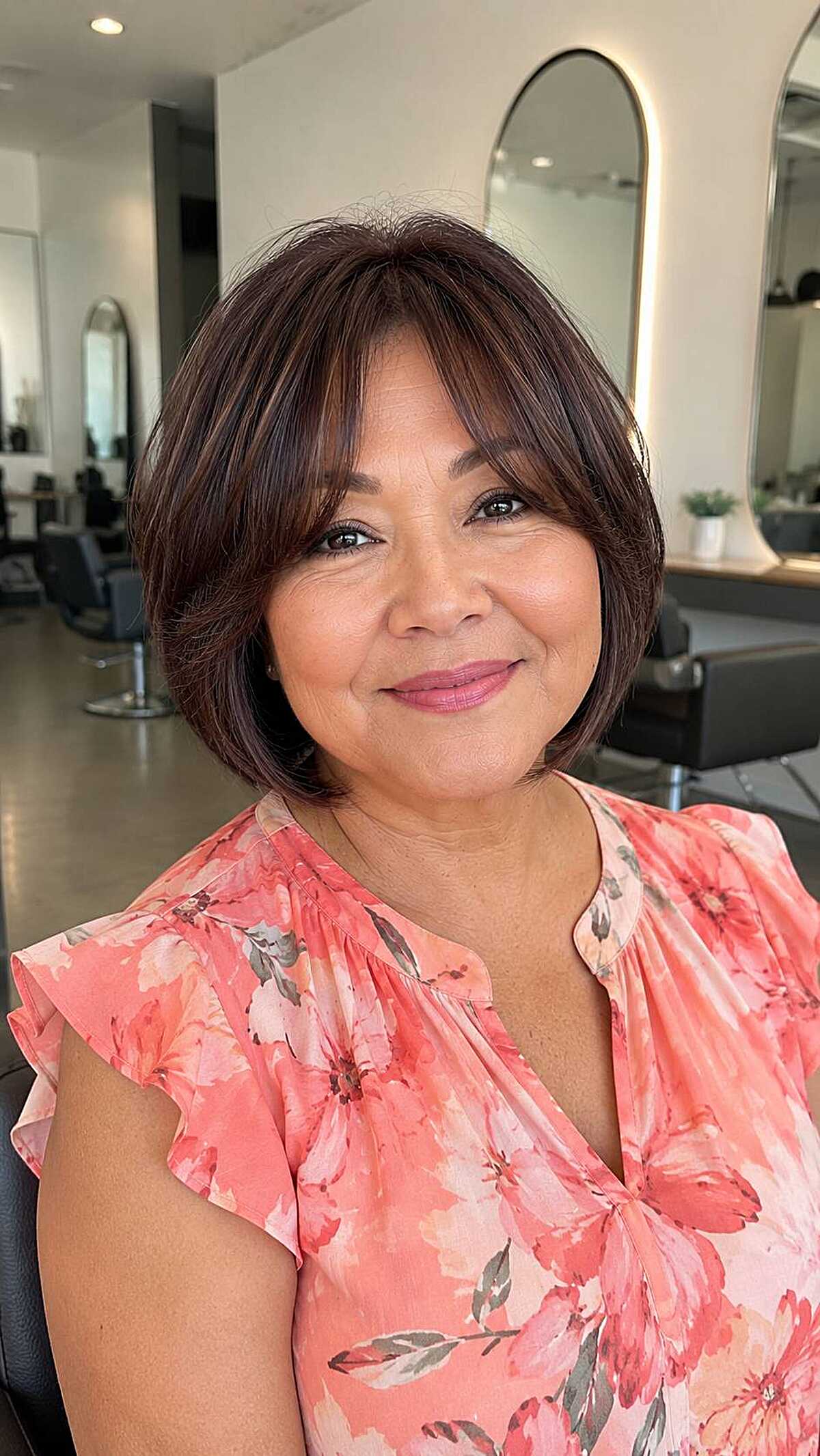 Soft chocolate brown chin bob with layered fringe