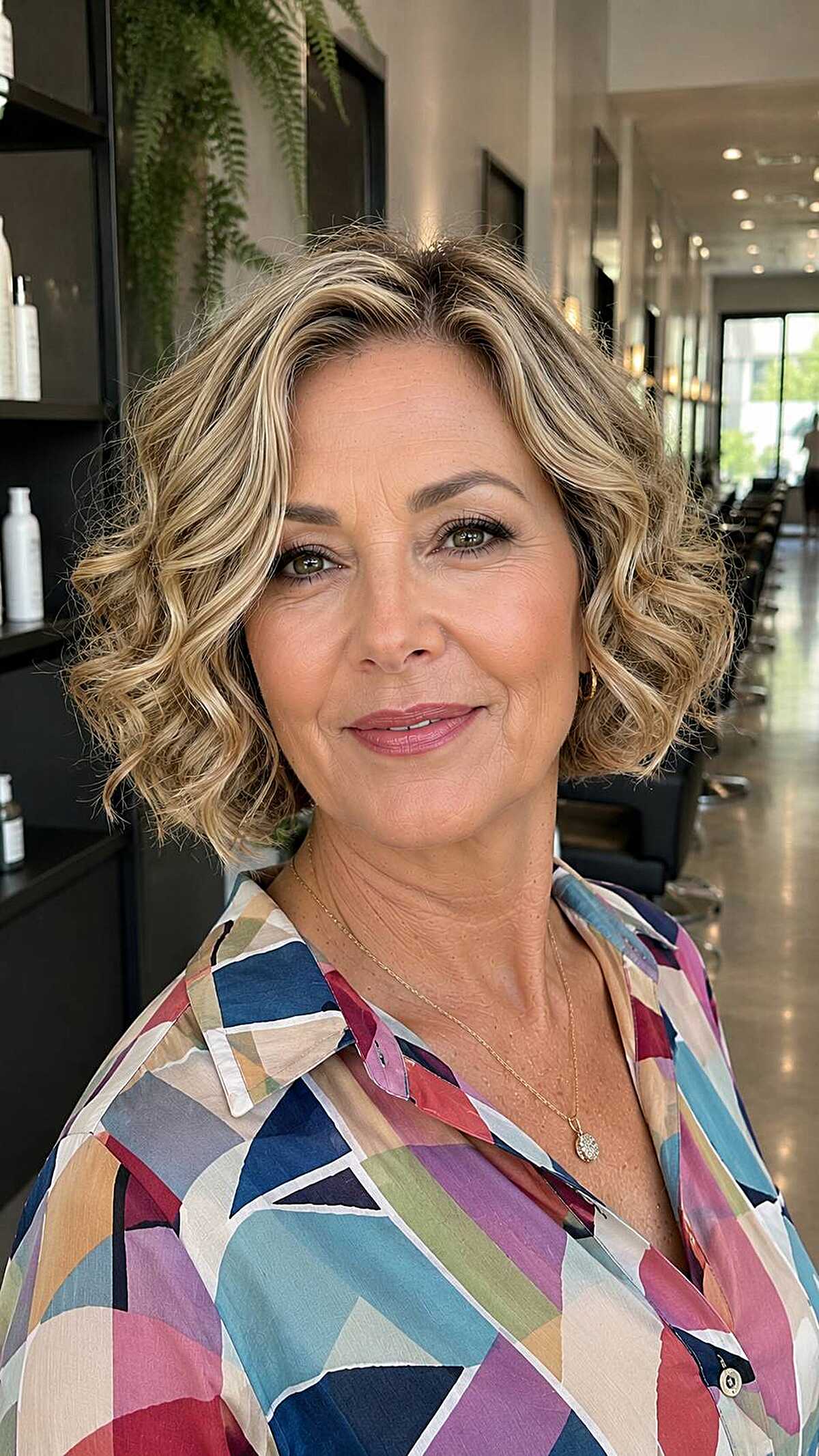 Warm blonde chin bob with soft spiral curls