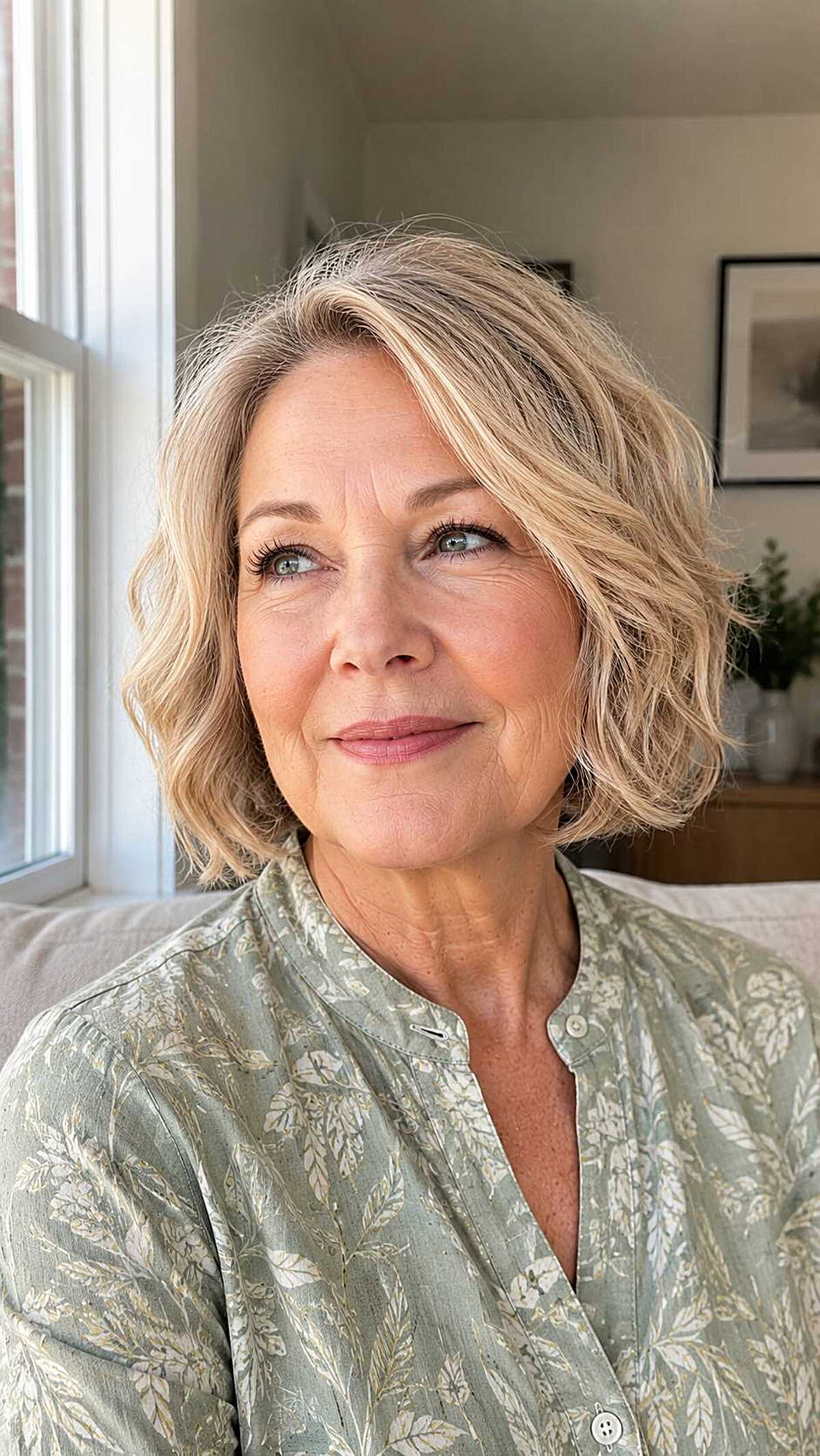 Warm blonde chin-length bob with soft tousled waves