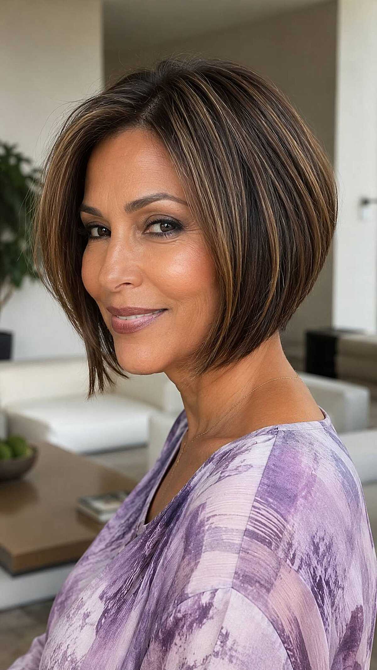 Chin-length bob with caramel highlights on dark brown