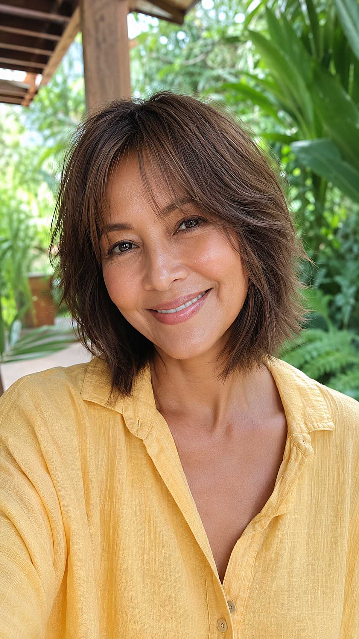 Chin-Length Brunette Shag with Feathered Crown Layers