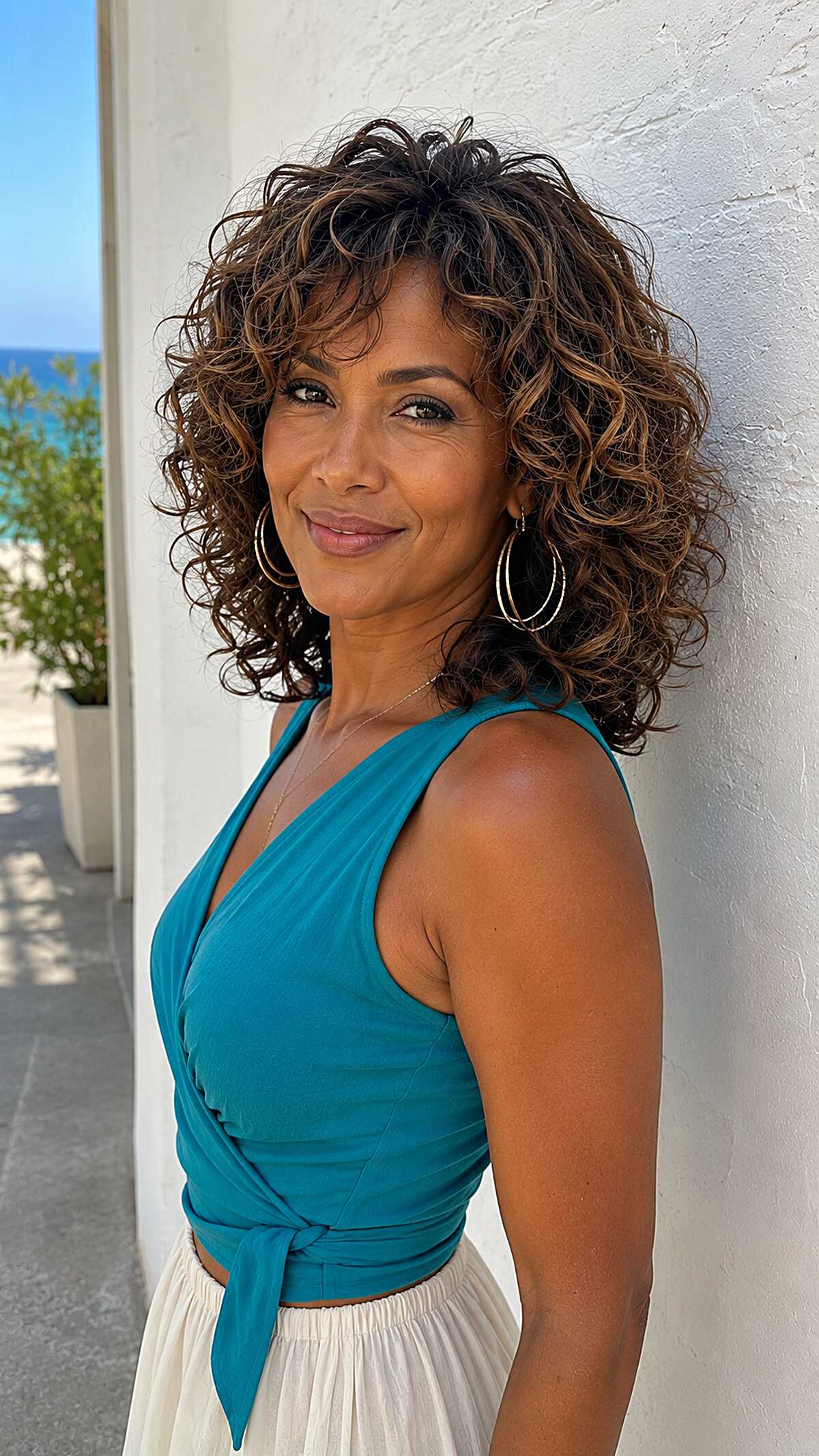 Collarbone Curly Shag with Caramel Ribbon Highlights