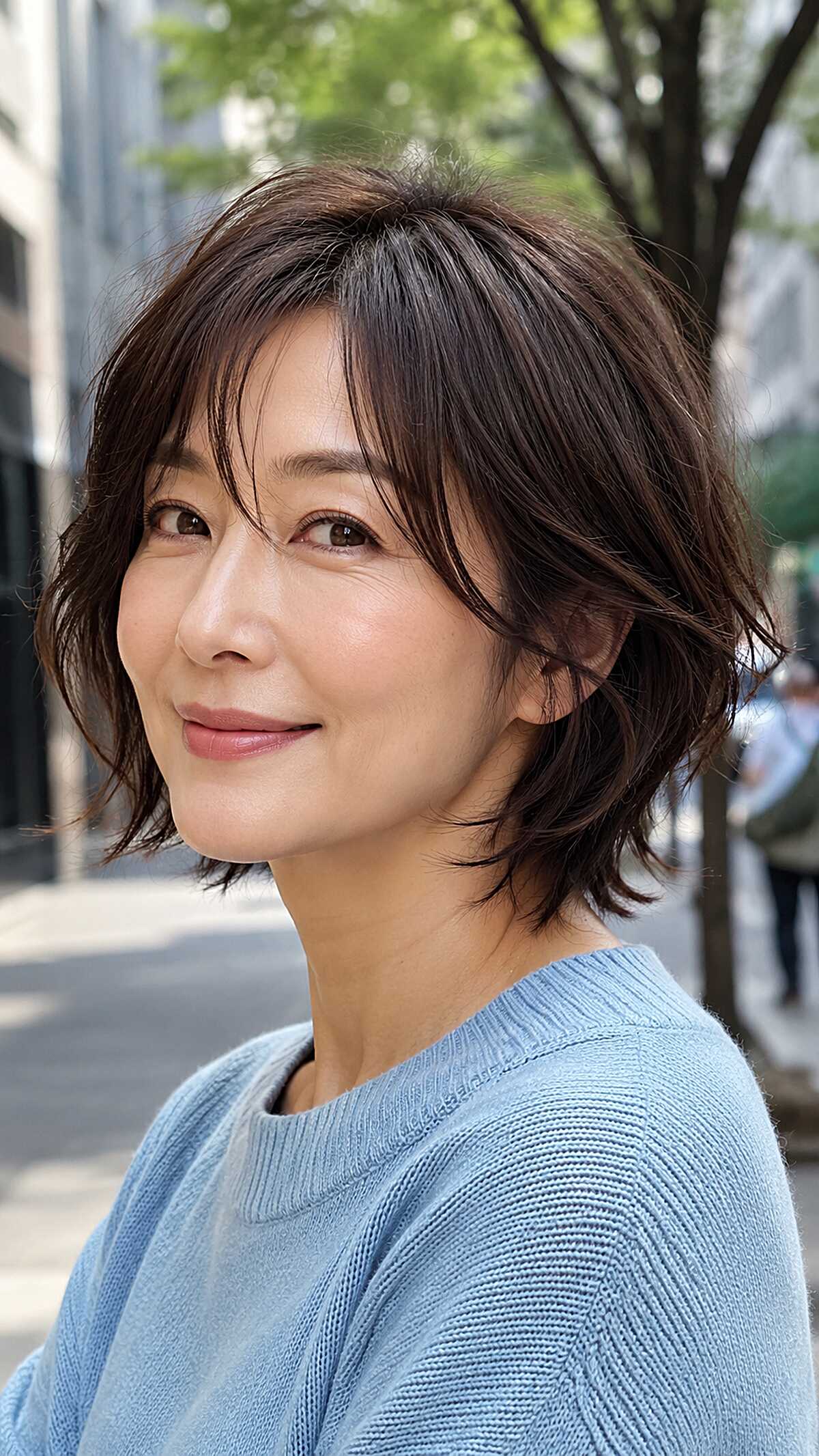 Cool Brunette Neck-Length Shag with Layered Side-Swept Fringe