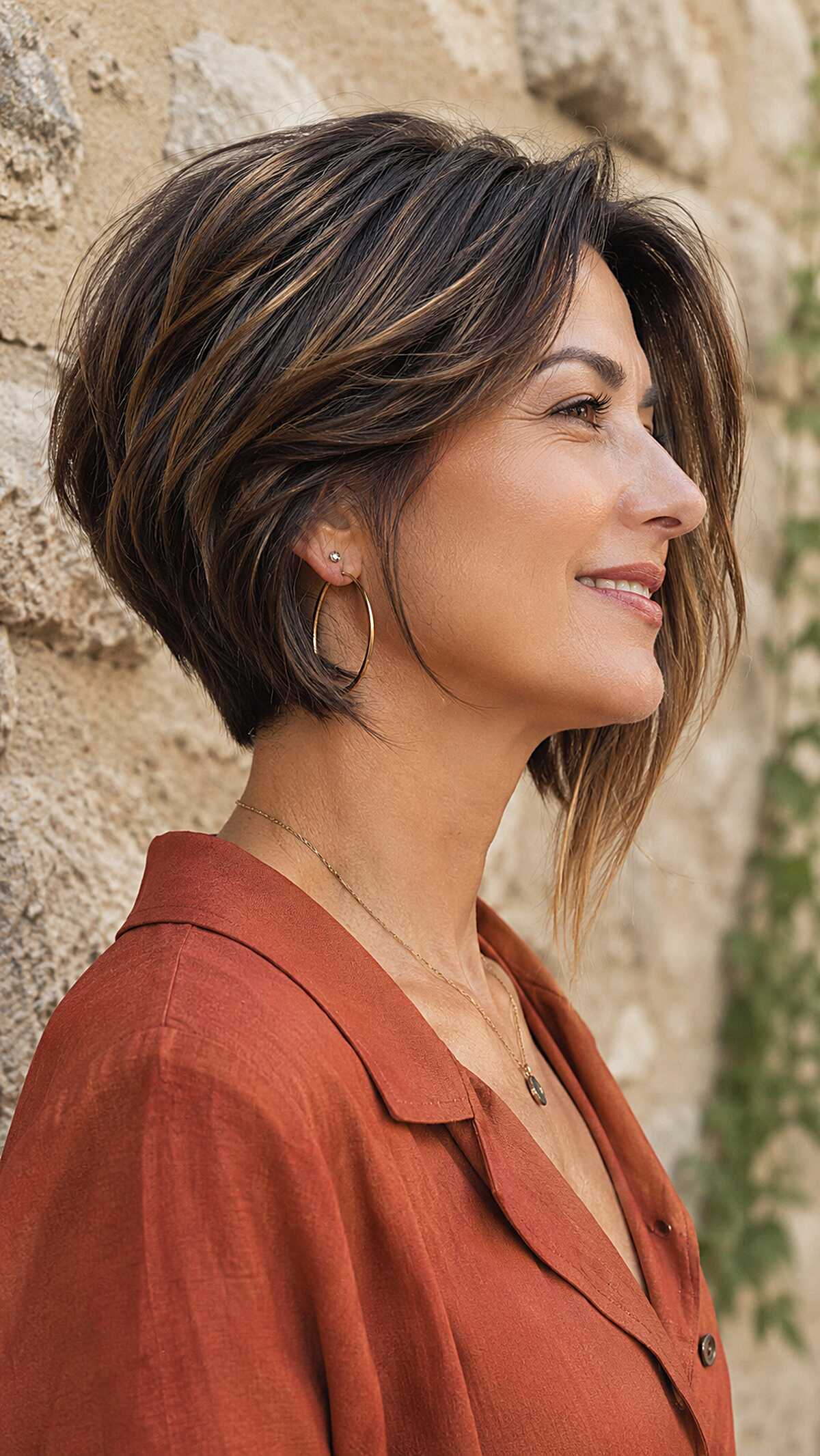 Deep Brunette Asymmetrical Bob with Toffee Micro-Highlights