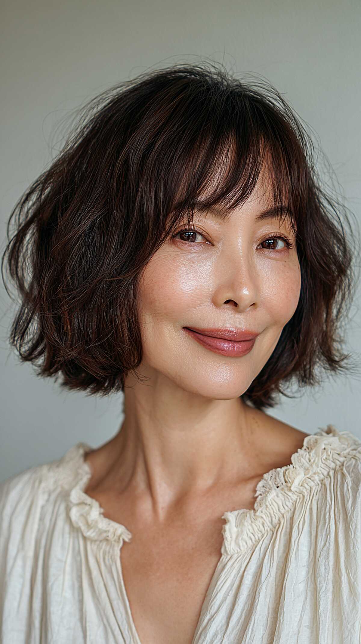 Espresso Brown Chin-Length Shag with Airy Separated Bangs