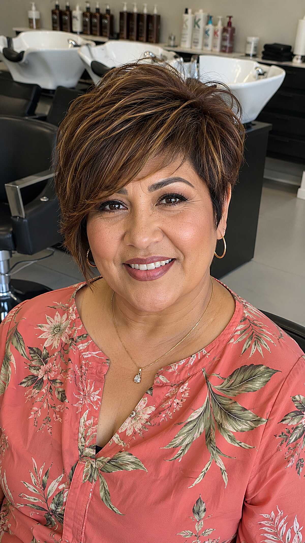 Feathered Brunette Pixie with Warm Caramel Ribbons