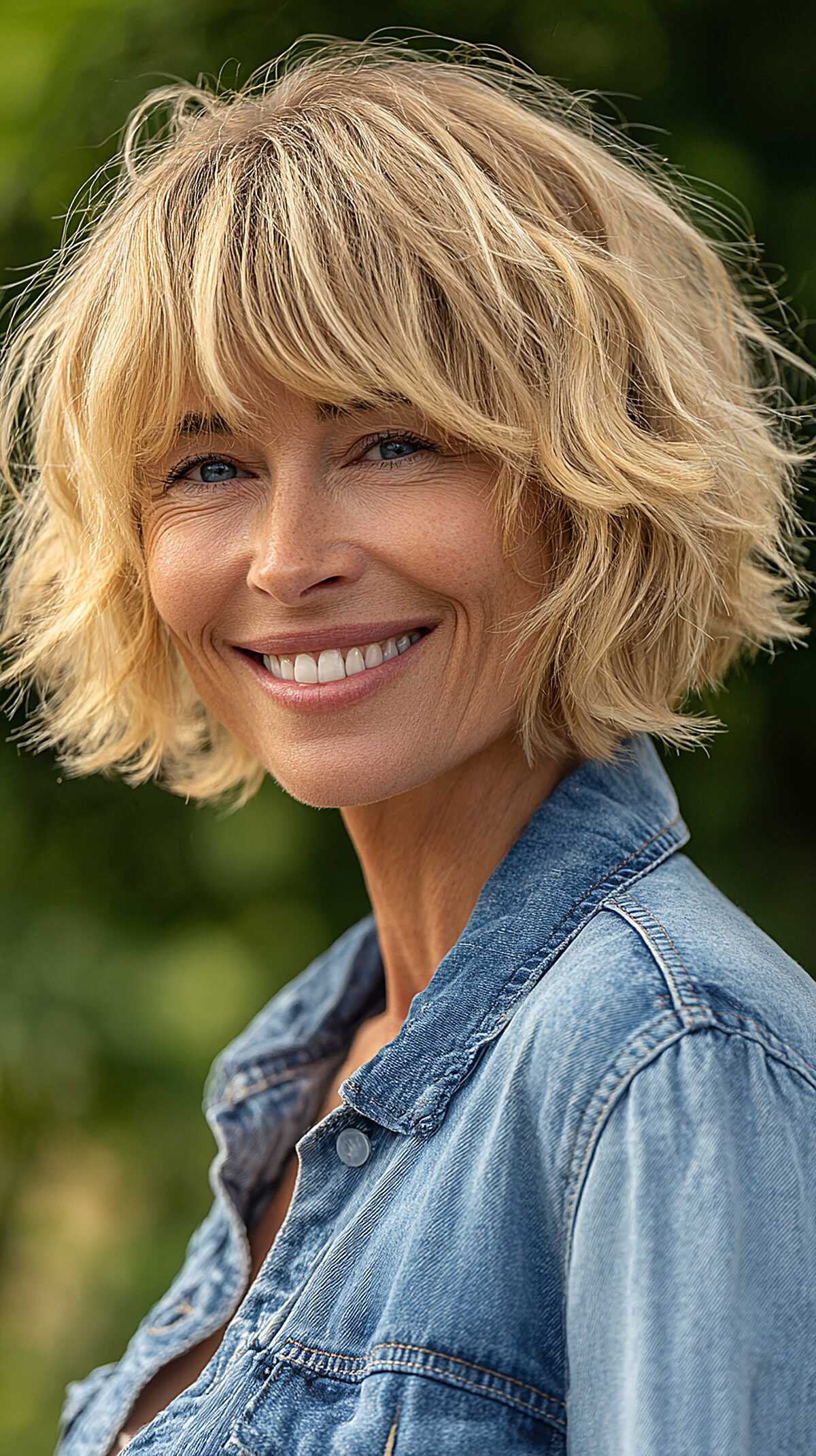 Golden Blonde Jaw-Length Shag with Choppy Full Bangs