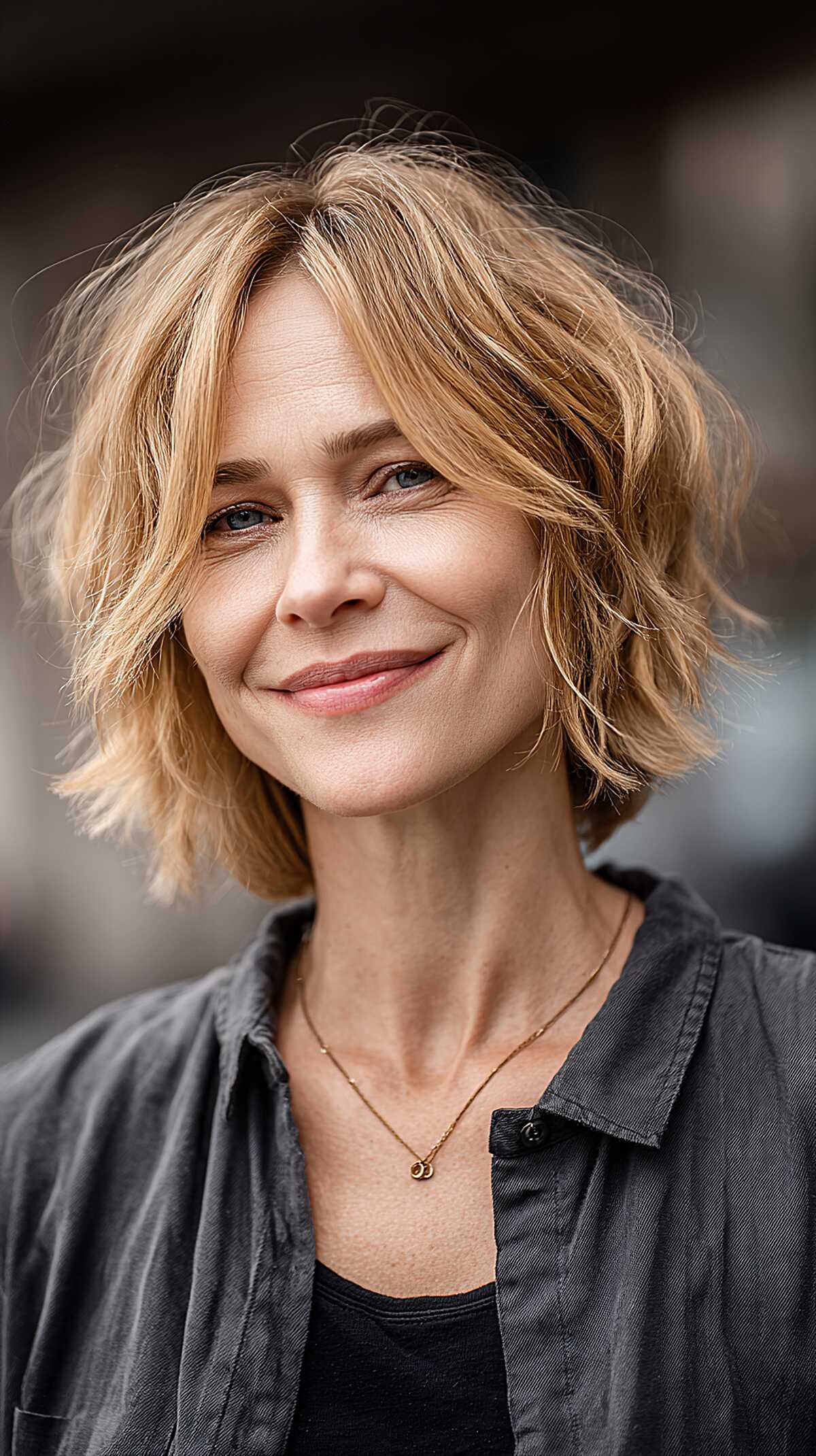 Honey Blonde Chin-Length Shag with Undone Wave and No Bangs