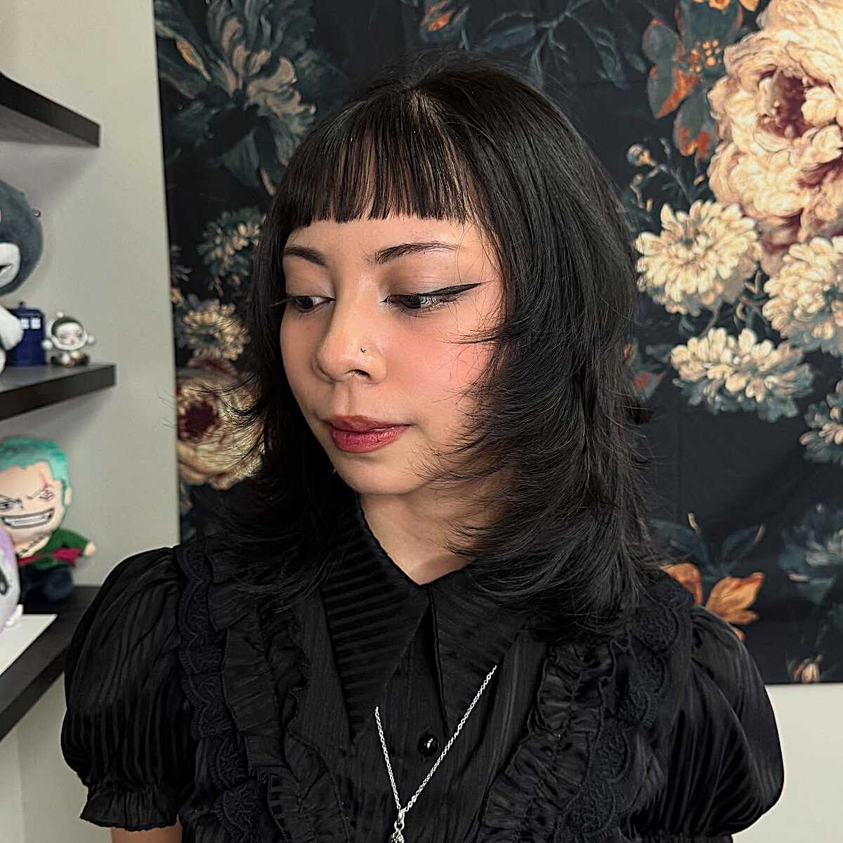 Inky black hime cut with wispy short fringe