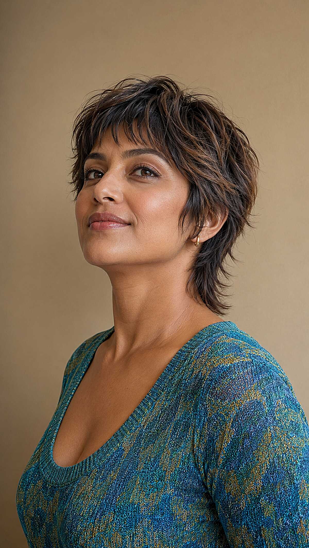 Razor-Cut Brunette Shaggy Pixie with Wispy Nape Feathering