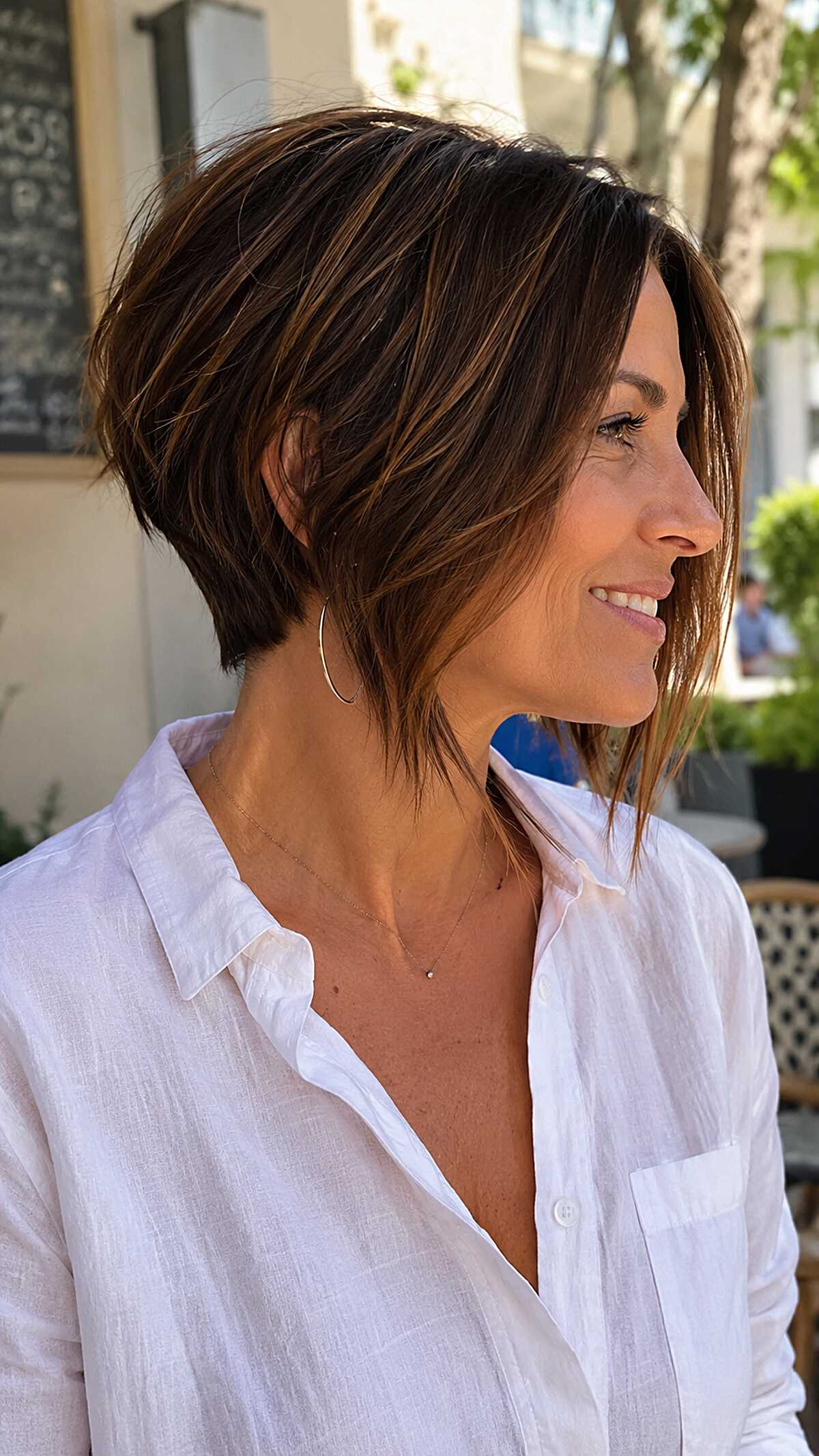 Razored Brunette Bob with Copper Ribbon Highlights