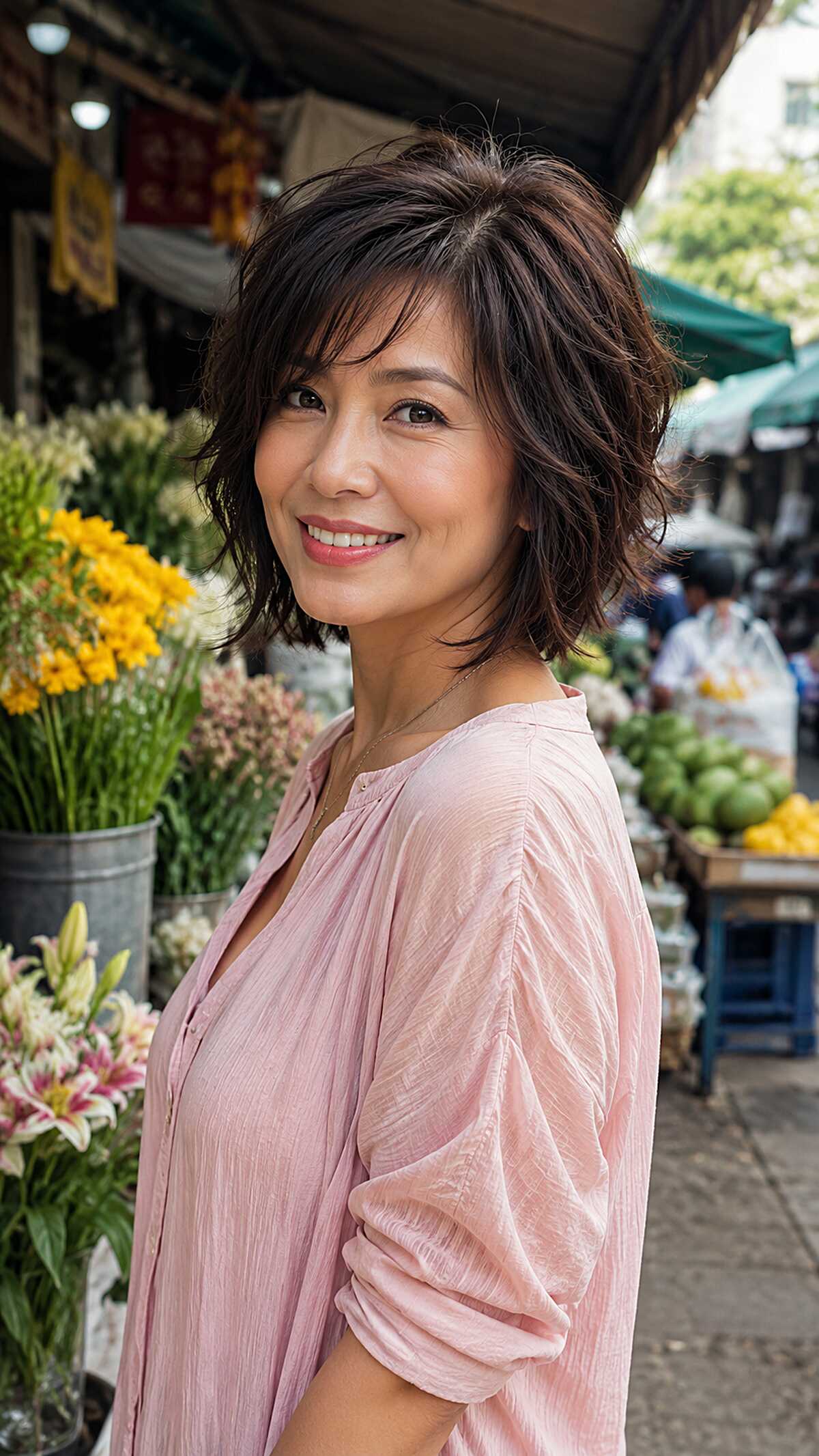 Rich Brunette Chin-Length Shag with Layered Crown Lift and Piece-y Ends