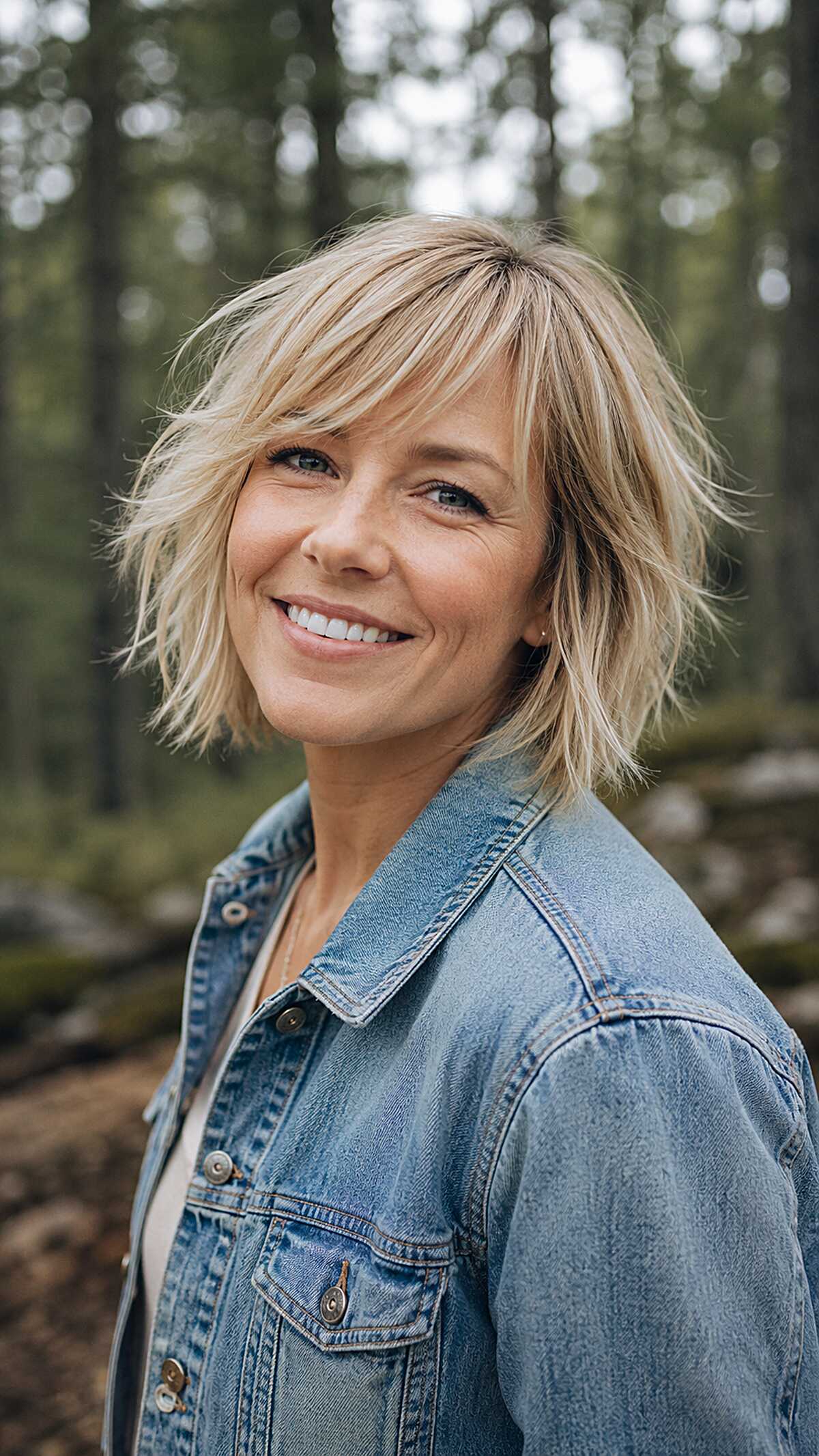Sandy Blonde Neck-Length Shag with Razored Pieces and Soft Fringe