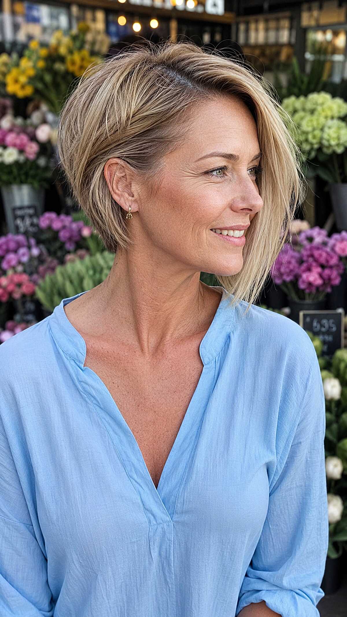 Side-Swept Blonde Asymmetrical Bob with Tapered Nape