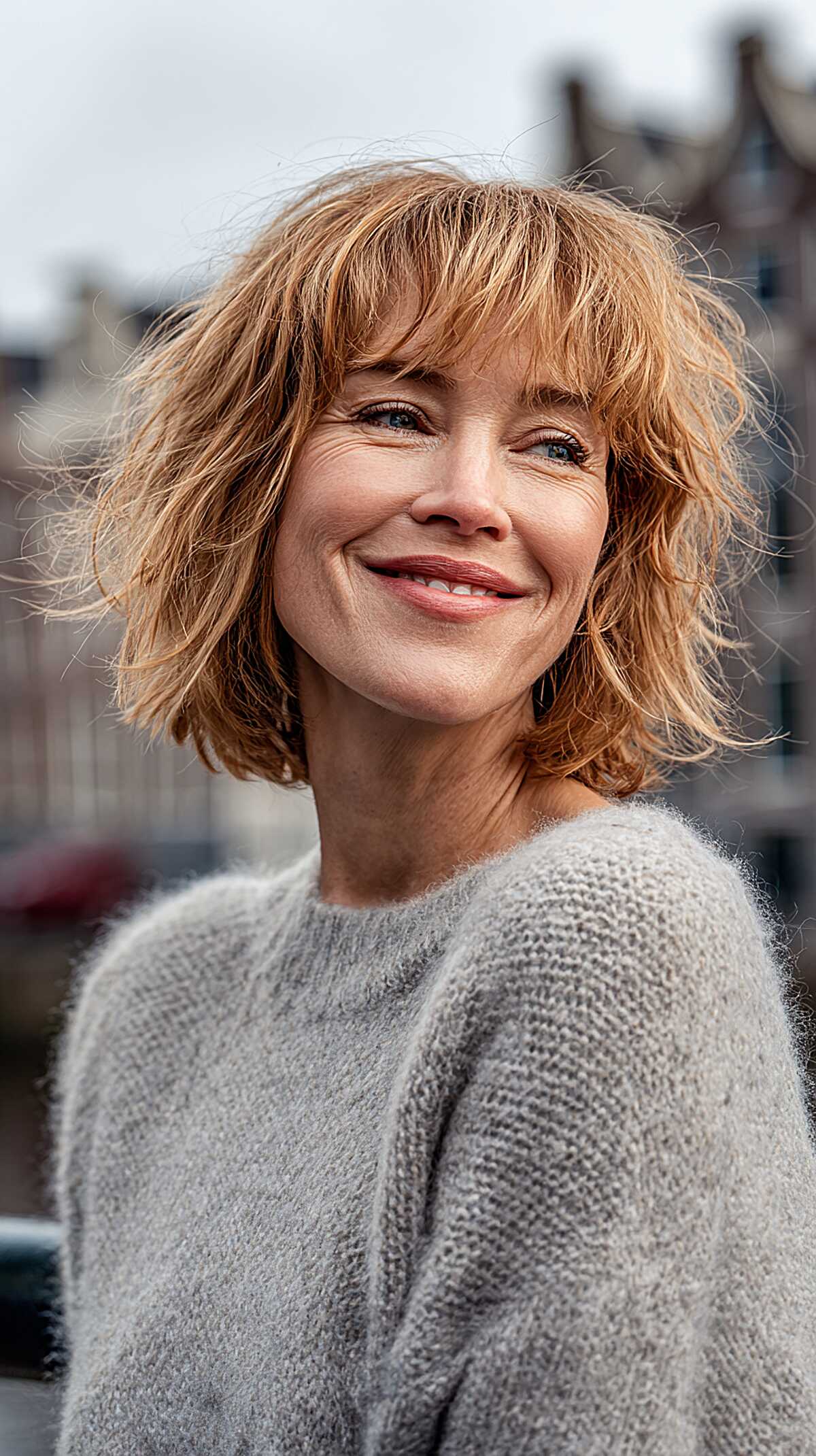 Strawberry Blonde Chin-Length Shag with Windswept Texture and Soft Bangs