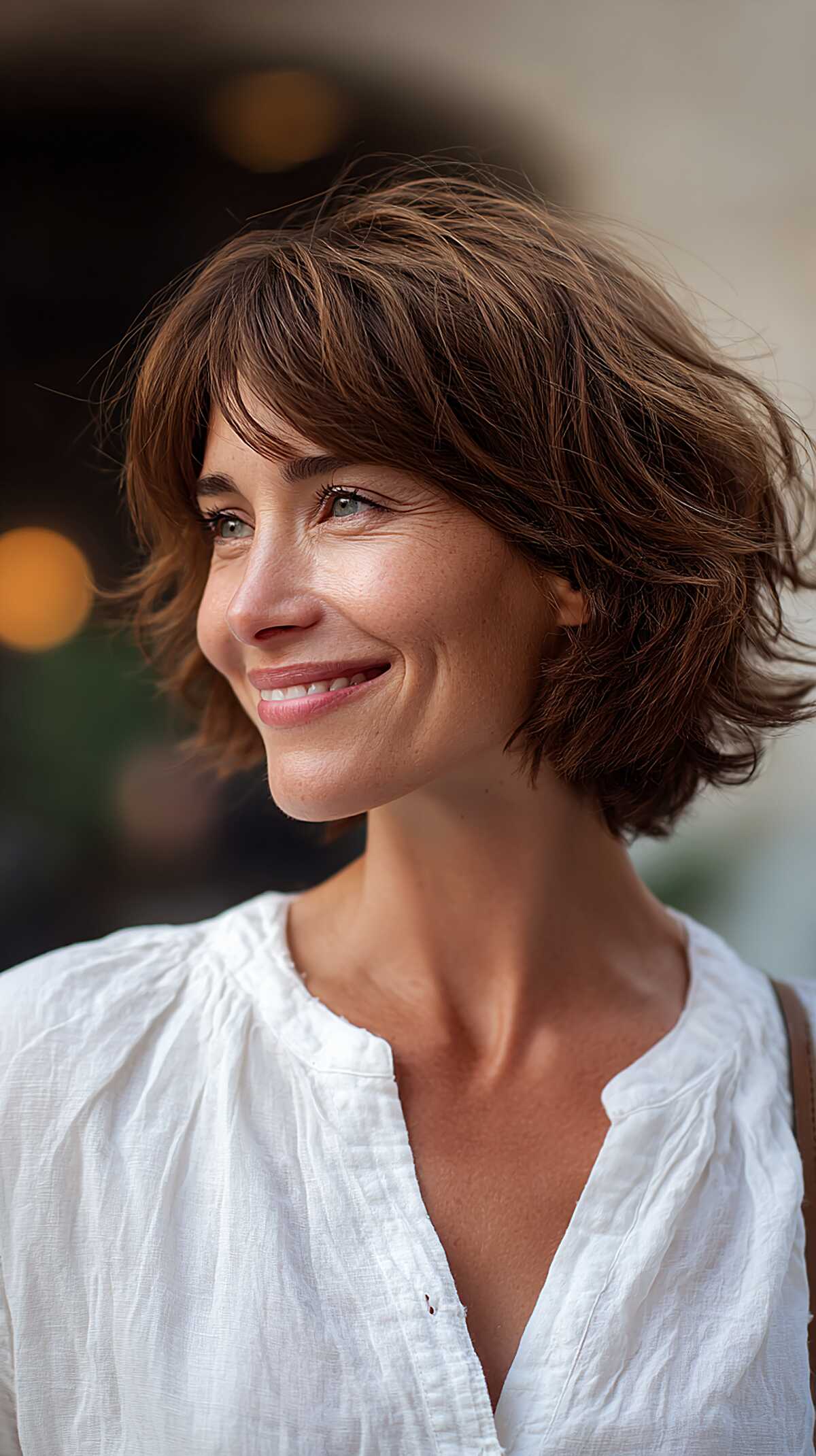 Warm Chestnut Chin-Length Shag with Tousled Body and Soft Brow-Grazing Fringe
