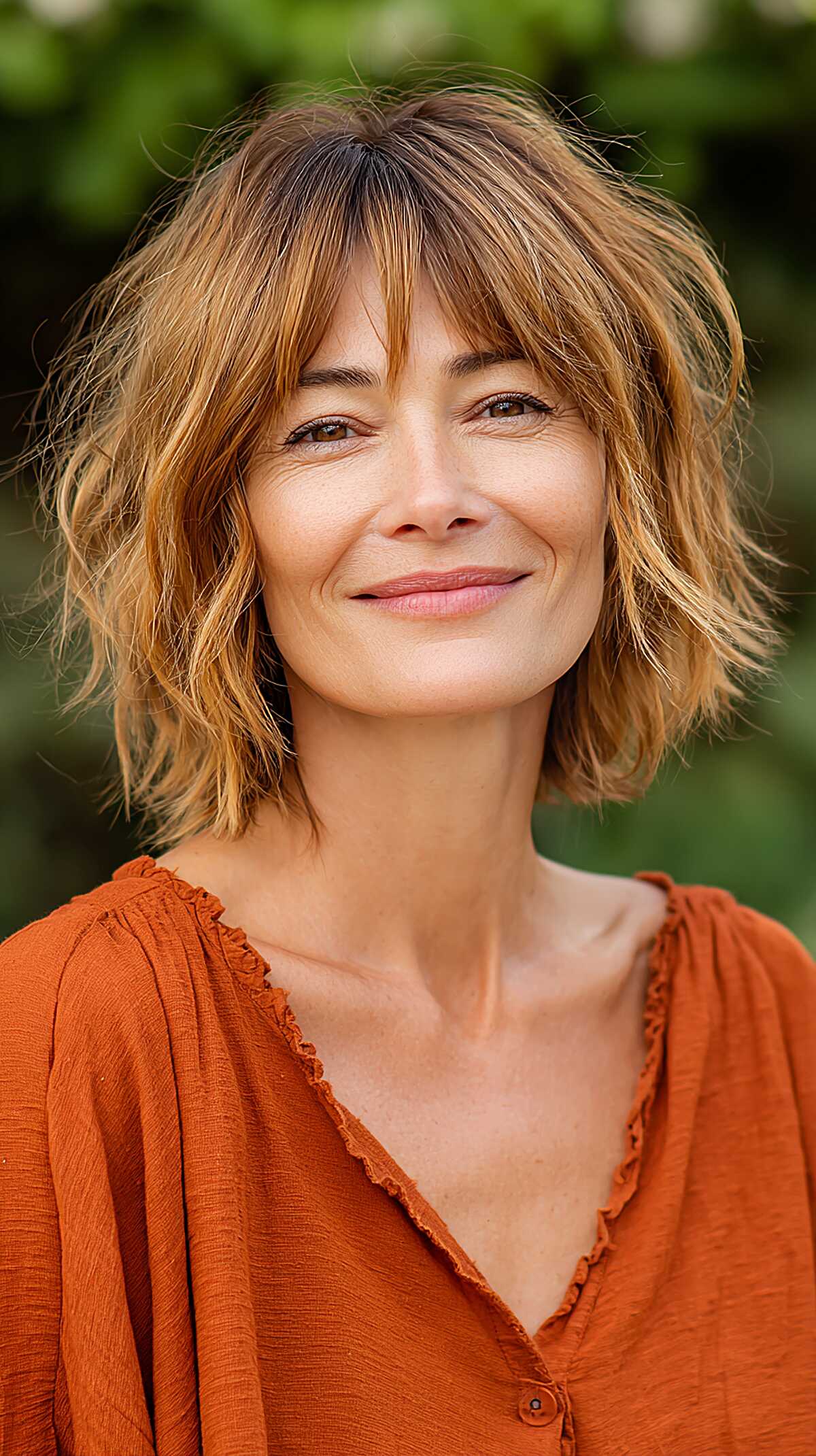 Warm Copper Shaggy Bob with Wispy Bangs