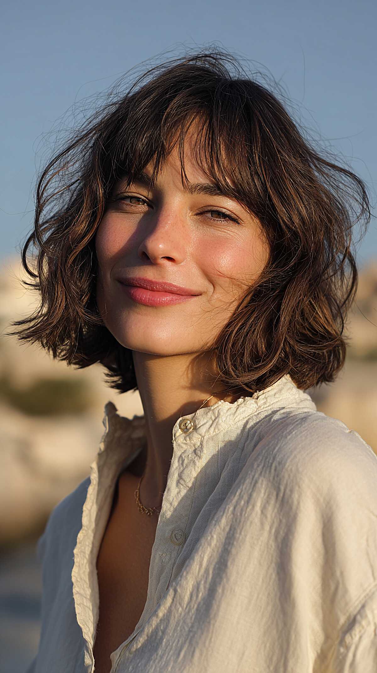 Wavy Brunette Jaw-Length Shag with Choppy Micro Bangs