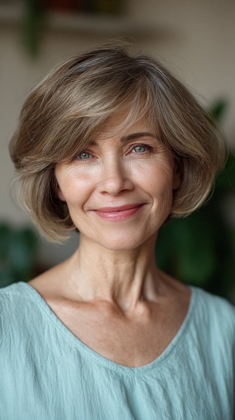 Ash Blonde Layered Bob with Swept Fringe