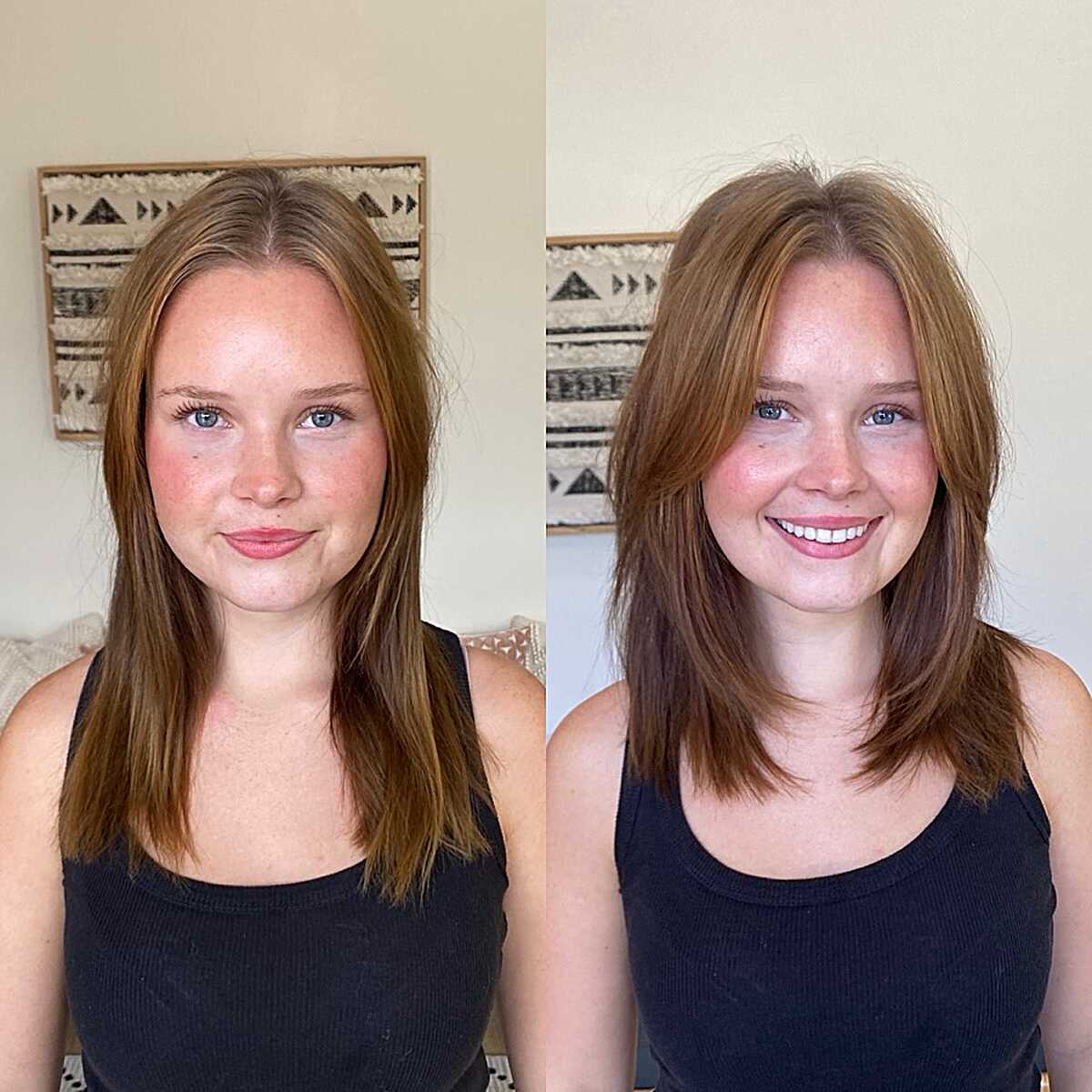 Before and after of mid-length layers on reddish hair