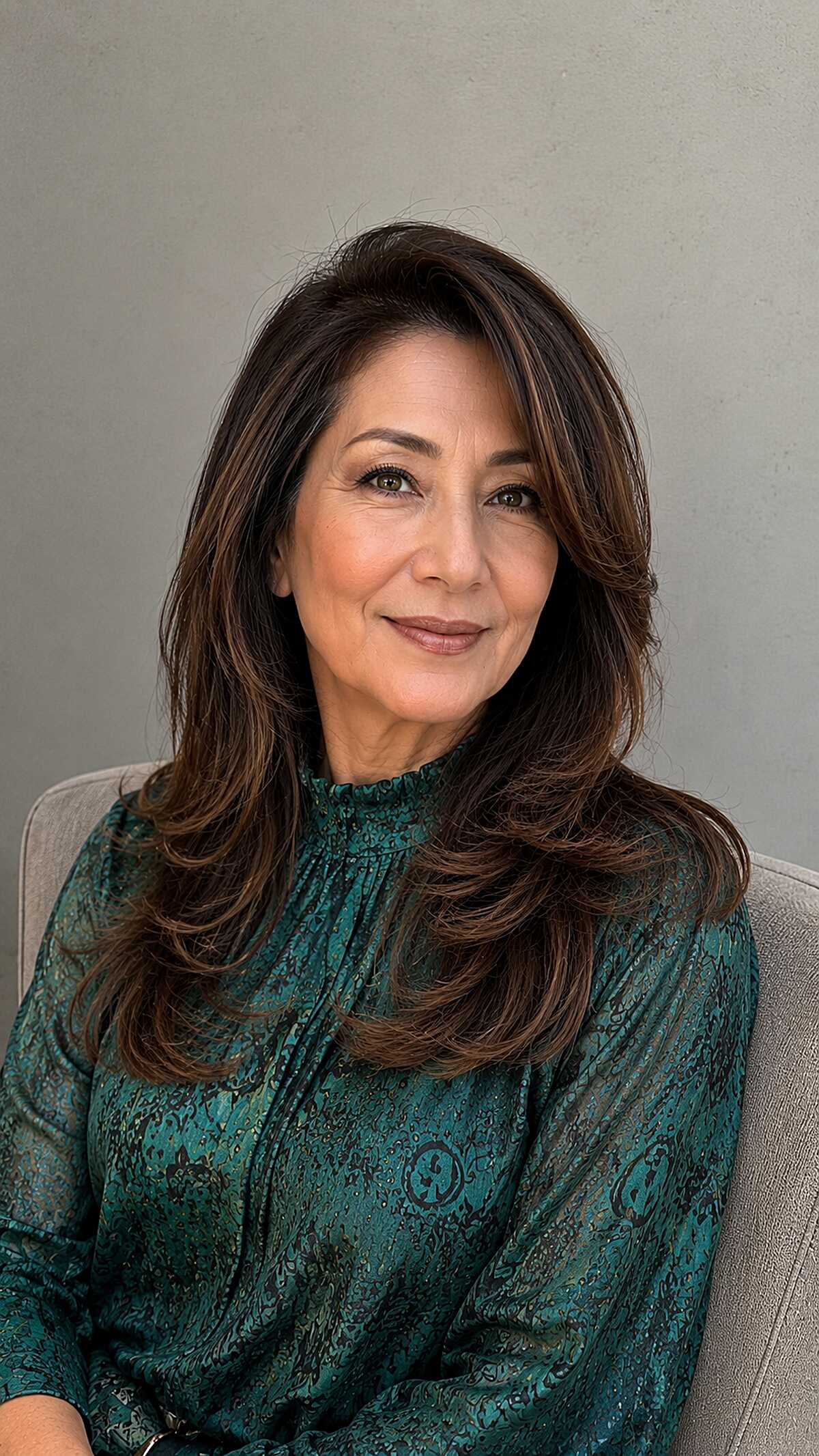 Brunette Long Layers with Swept Side Part and Warm Interior Dimension