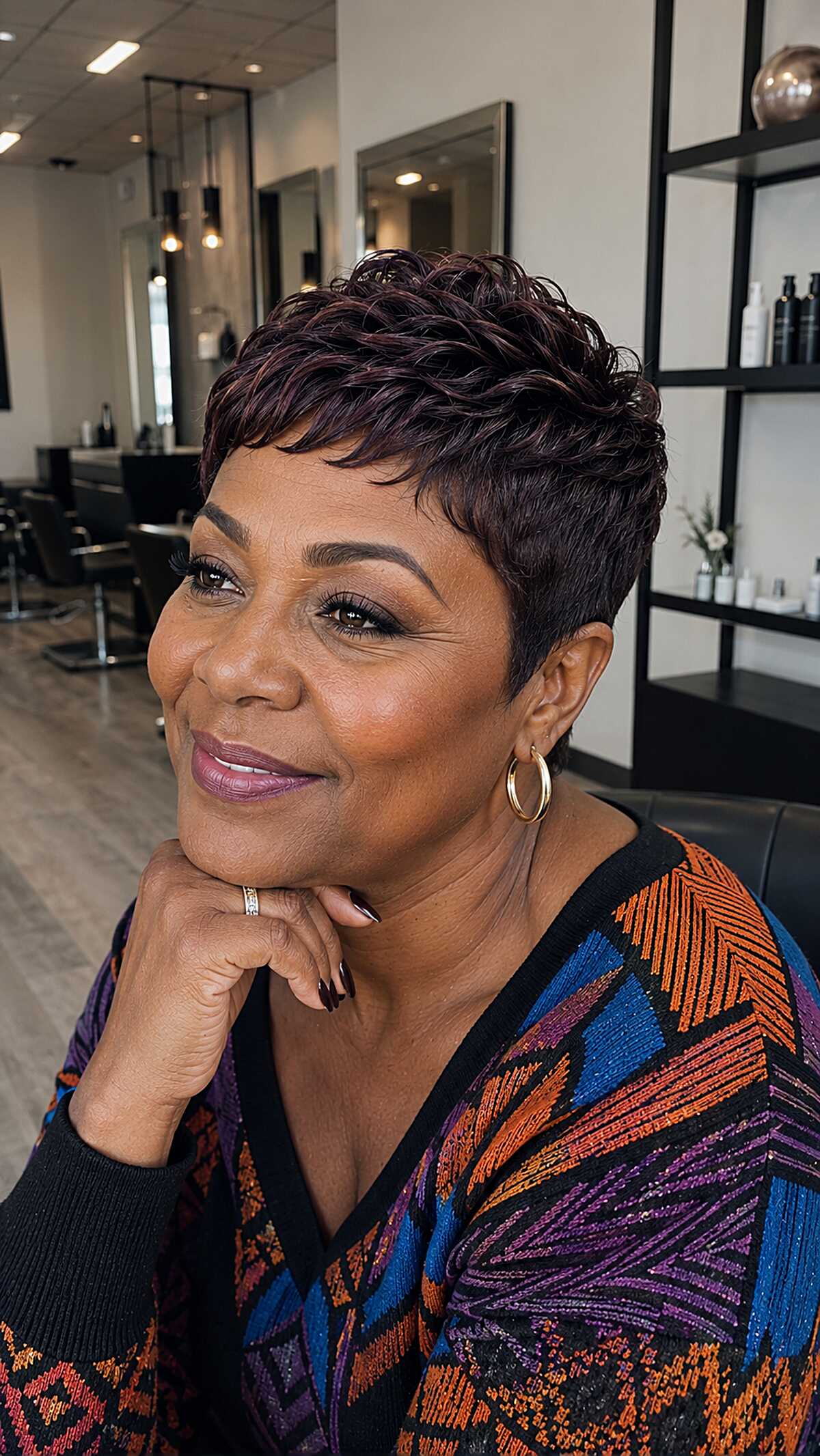 Burgundy finger wave micro pixie with tapered sides