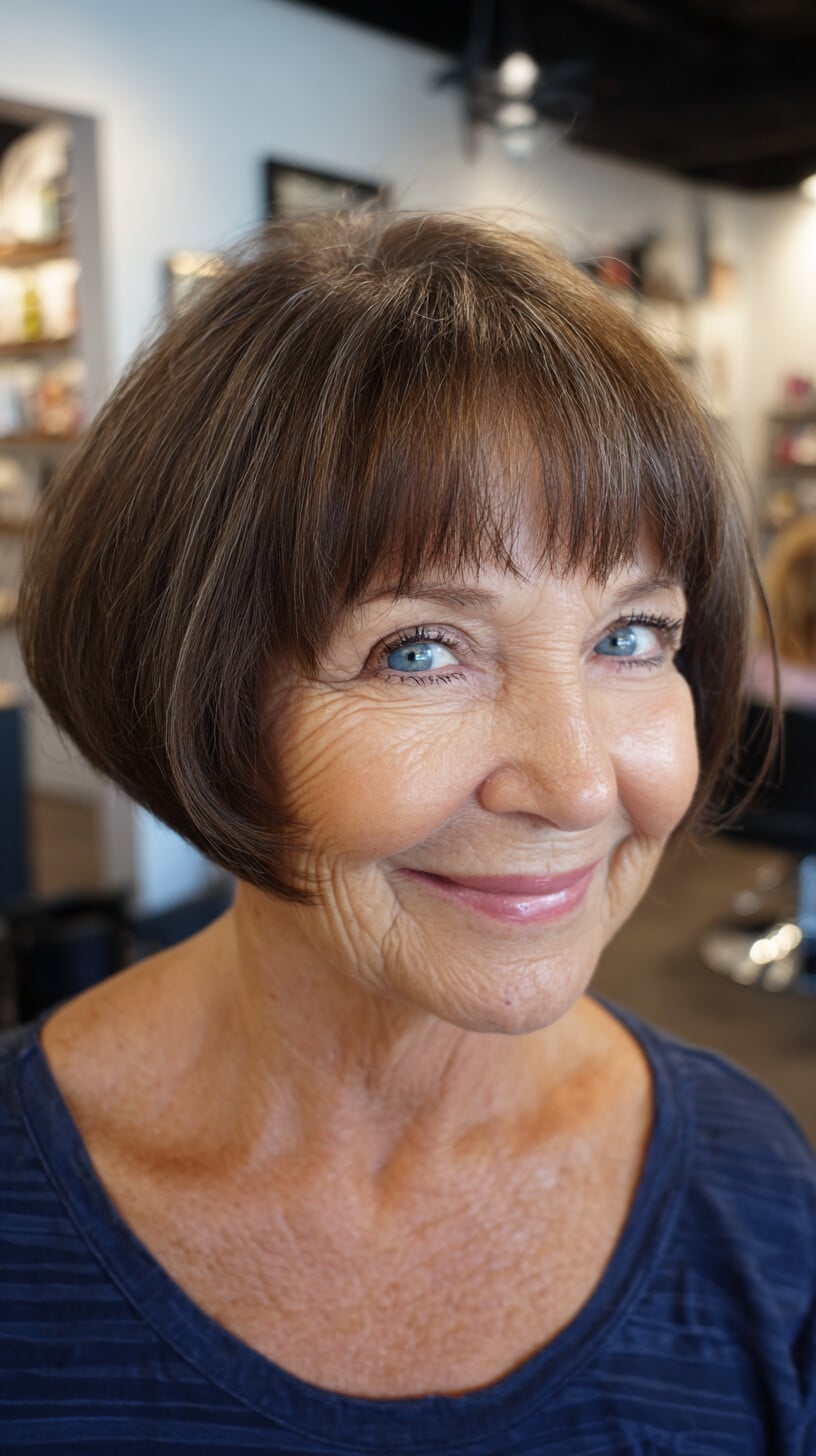 Compact Brunette Bob with Soft Full Fringe