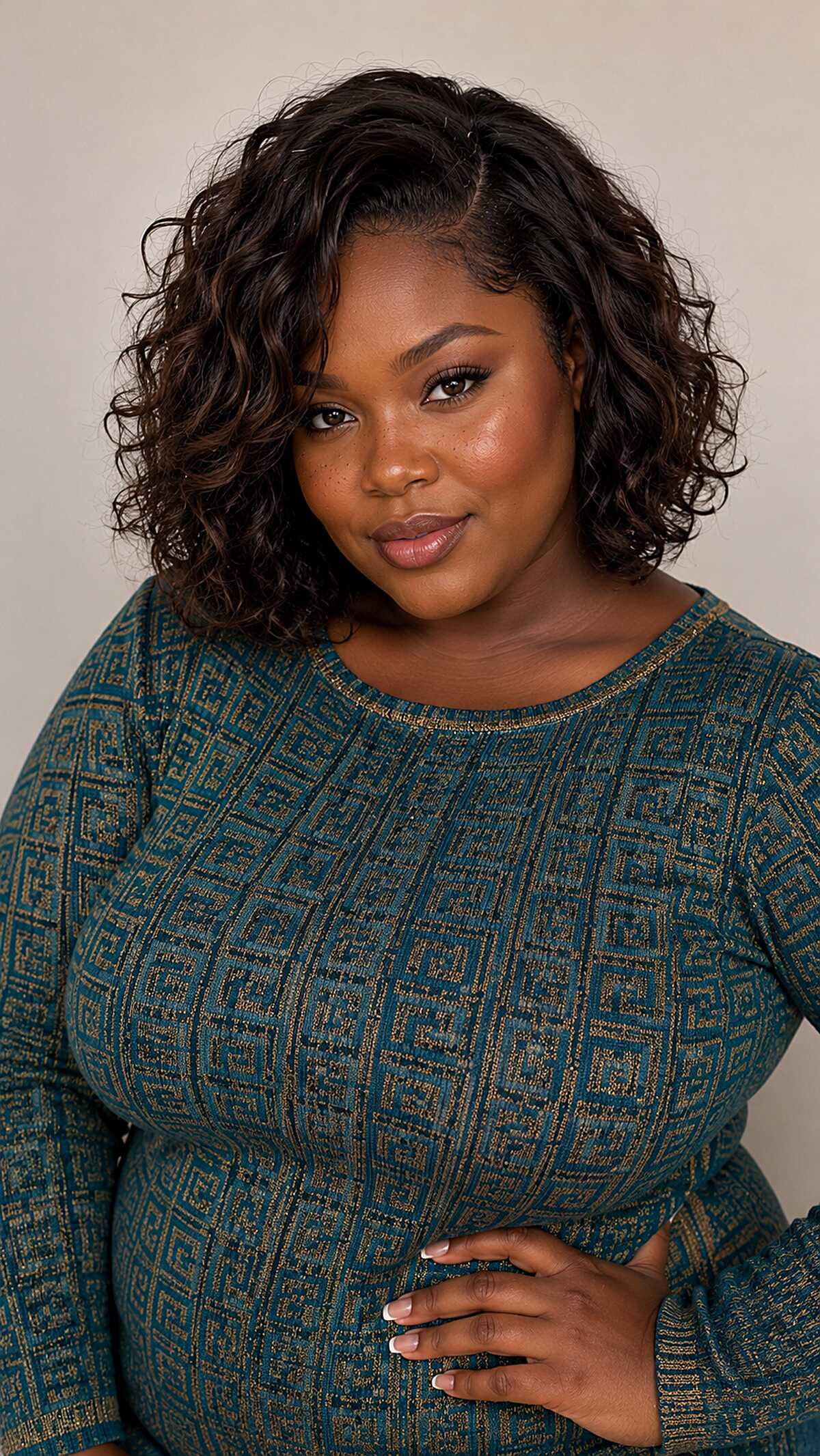 Dark curly bob with defined ringlets and side part