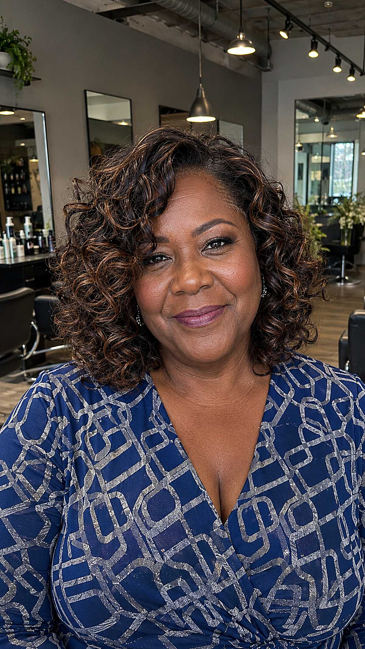 Curly bob with warm honey highlights on dark hair