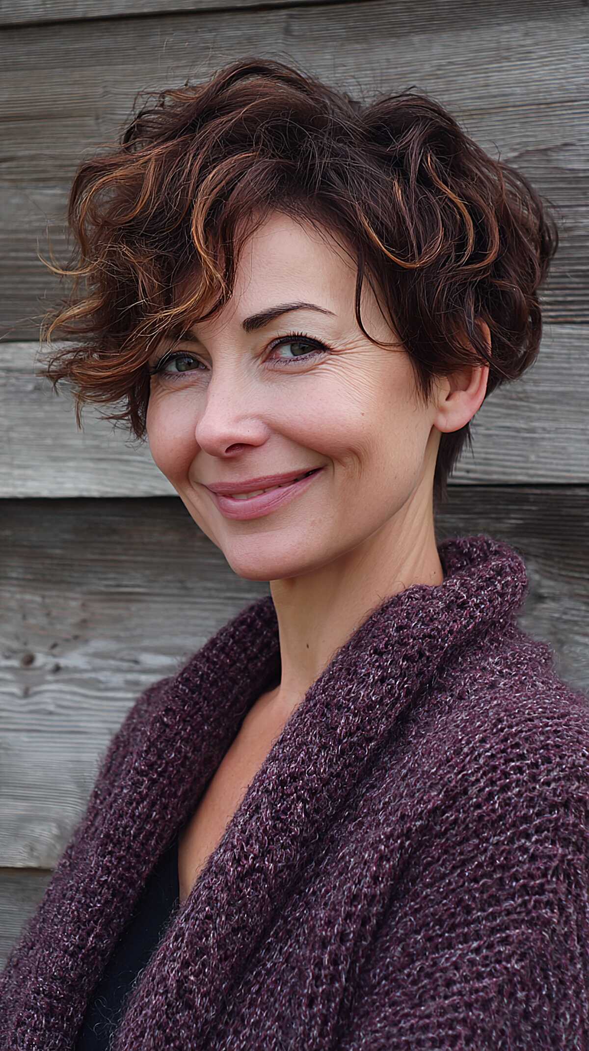 Curly Dark Pixie with Cinnamon Ribbon Highlights