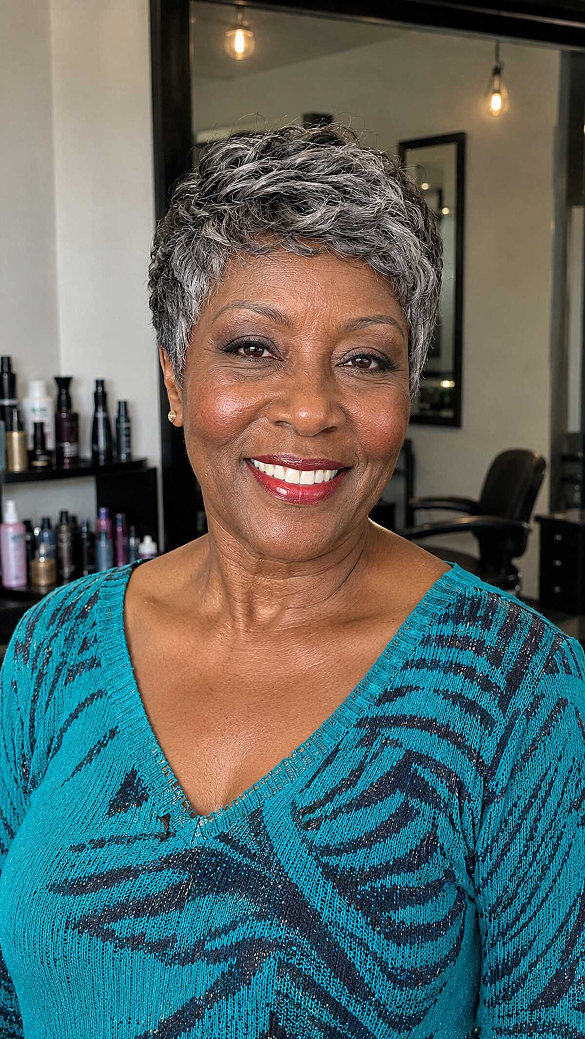 Curly gray and black micro pixie with defined waves