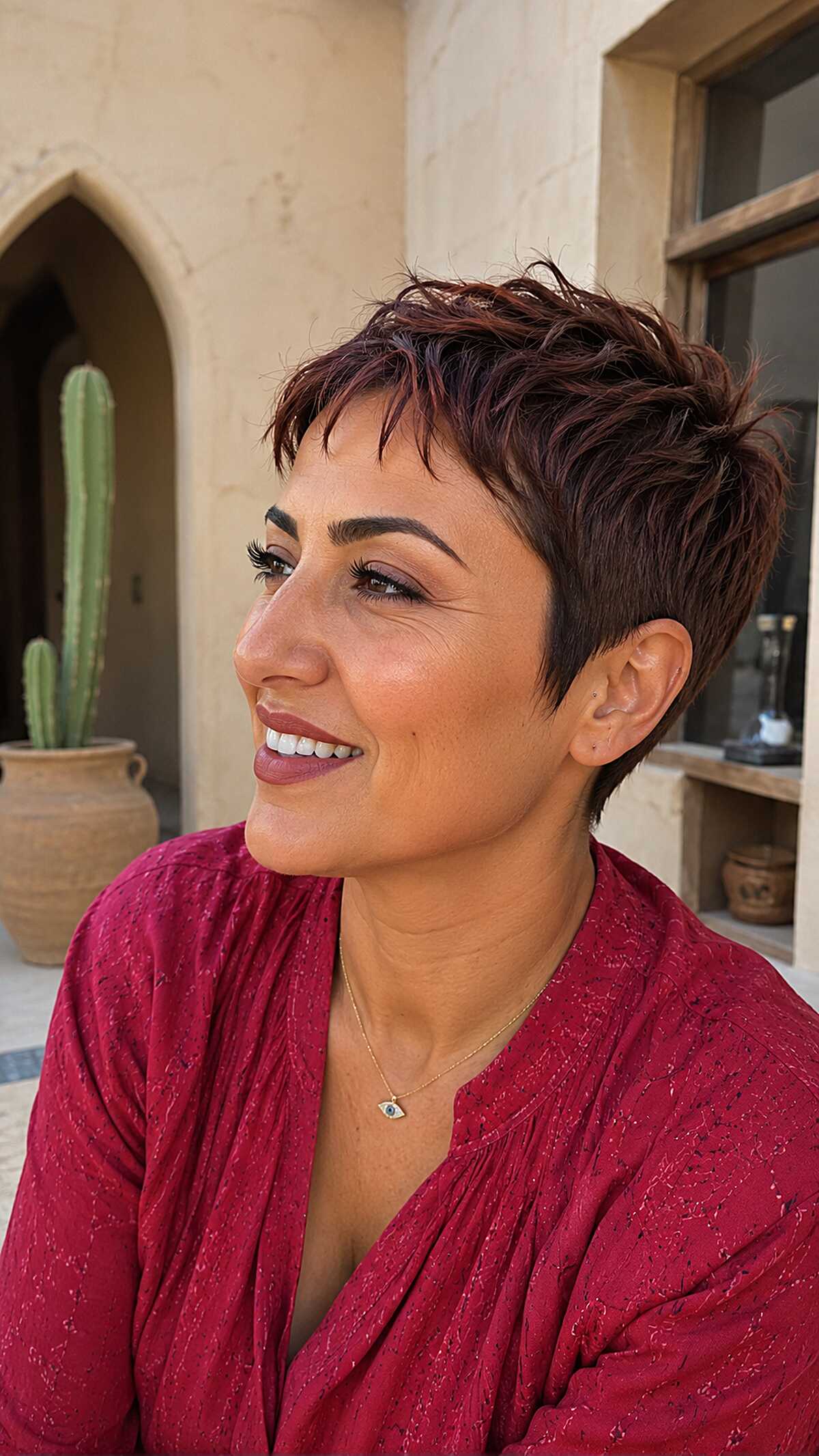 Dark auburn tousled micro pixie with tapered nape