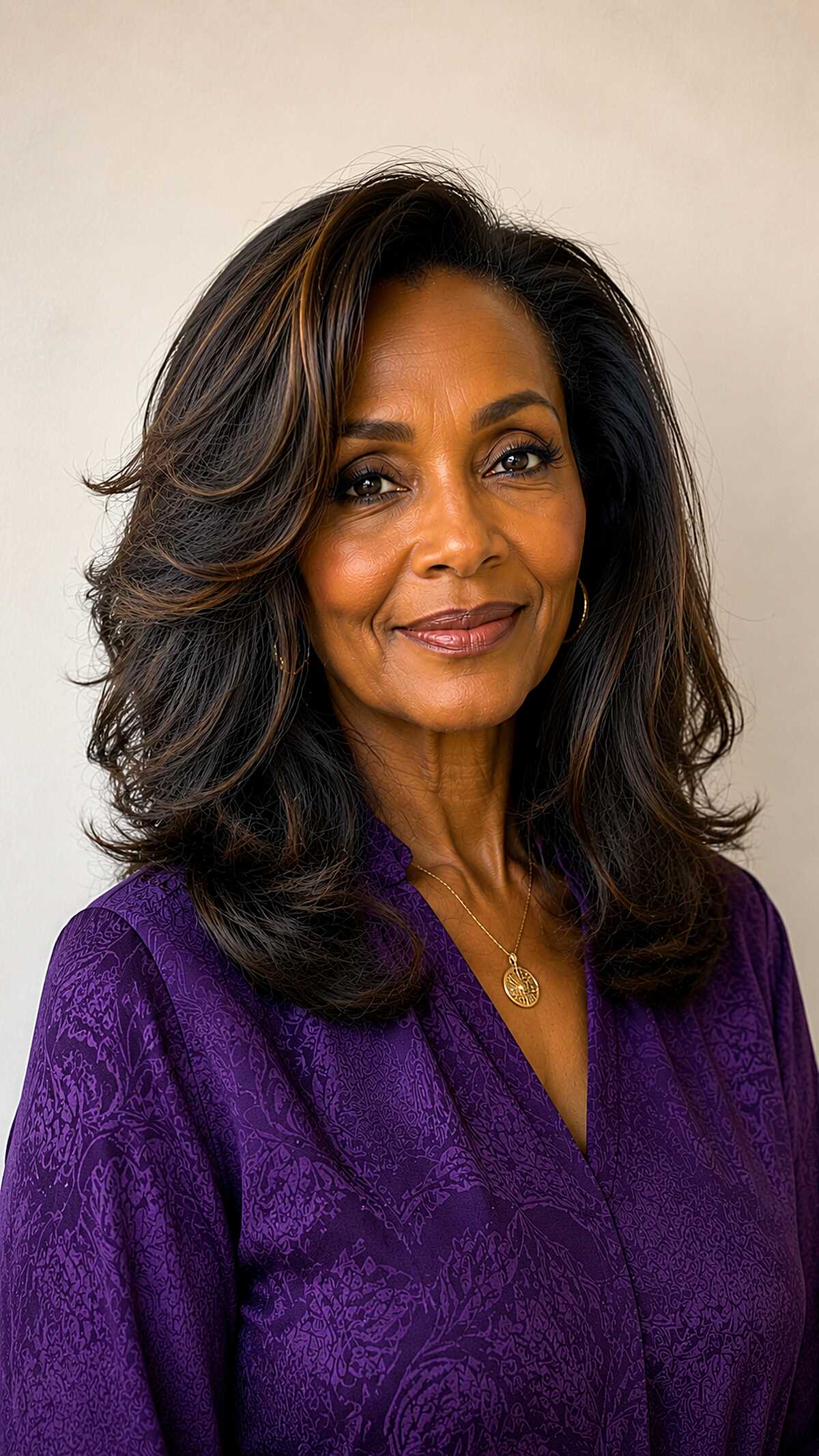 Dark Brunette Blowout Layers with Warm Caramel Threading