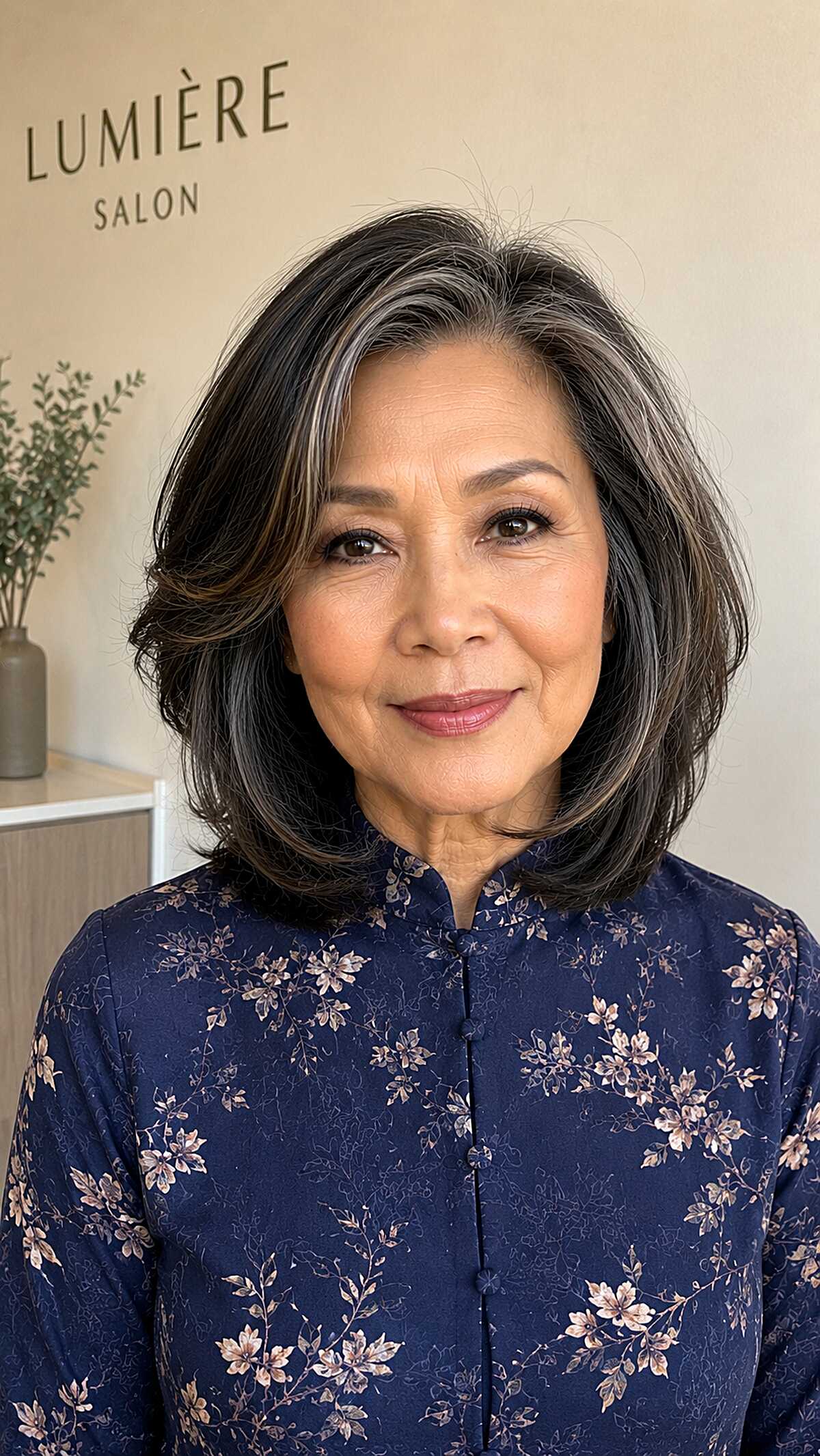 Dark Brunette Bob with Silver Threading and Swept Layers