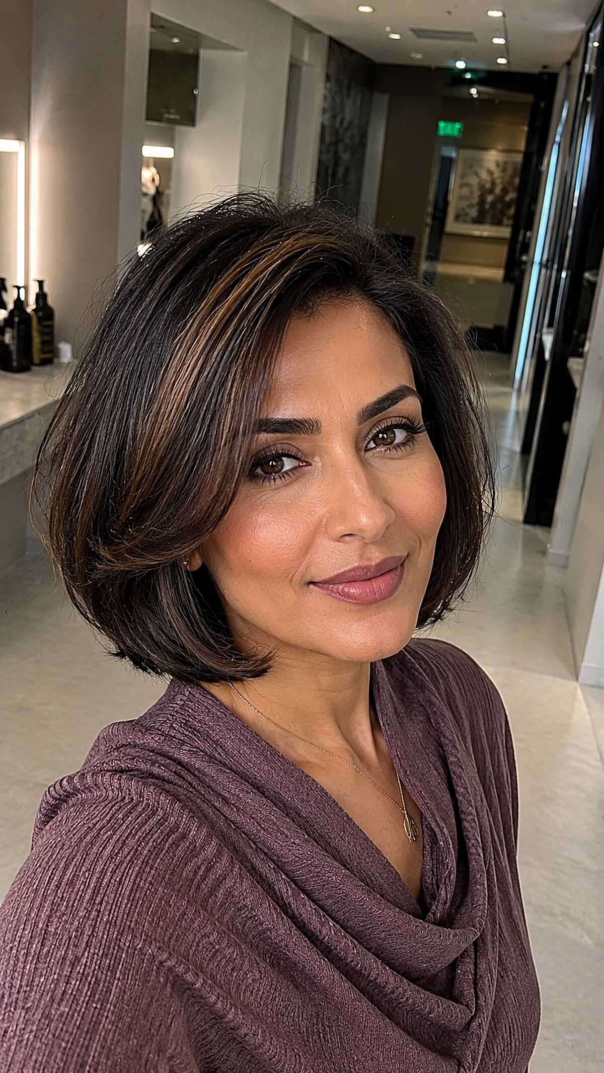 Dark Brunette Jaw Bob with Fine Caramel Foils and Inward Bend