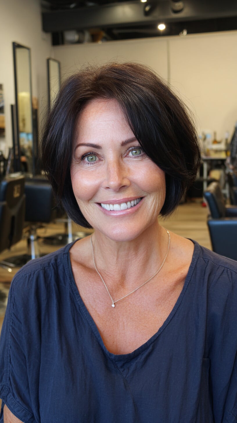 Dark Chin-Length Bob with Side-Swept Layers