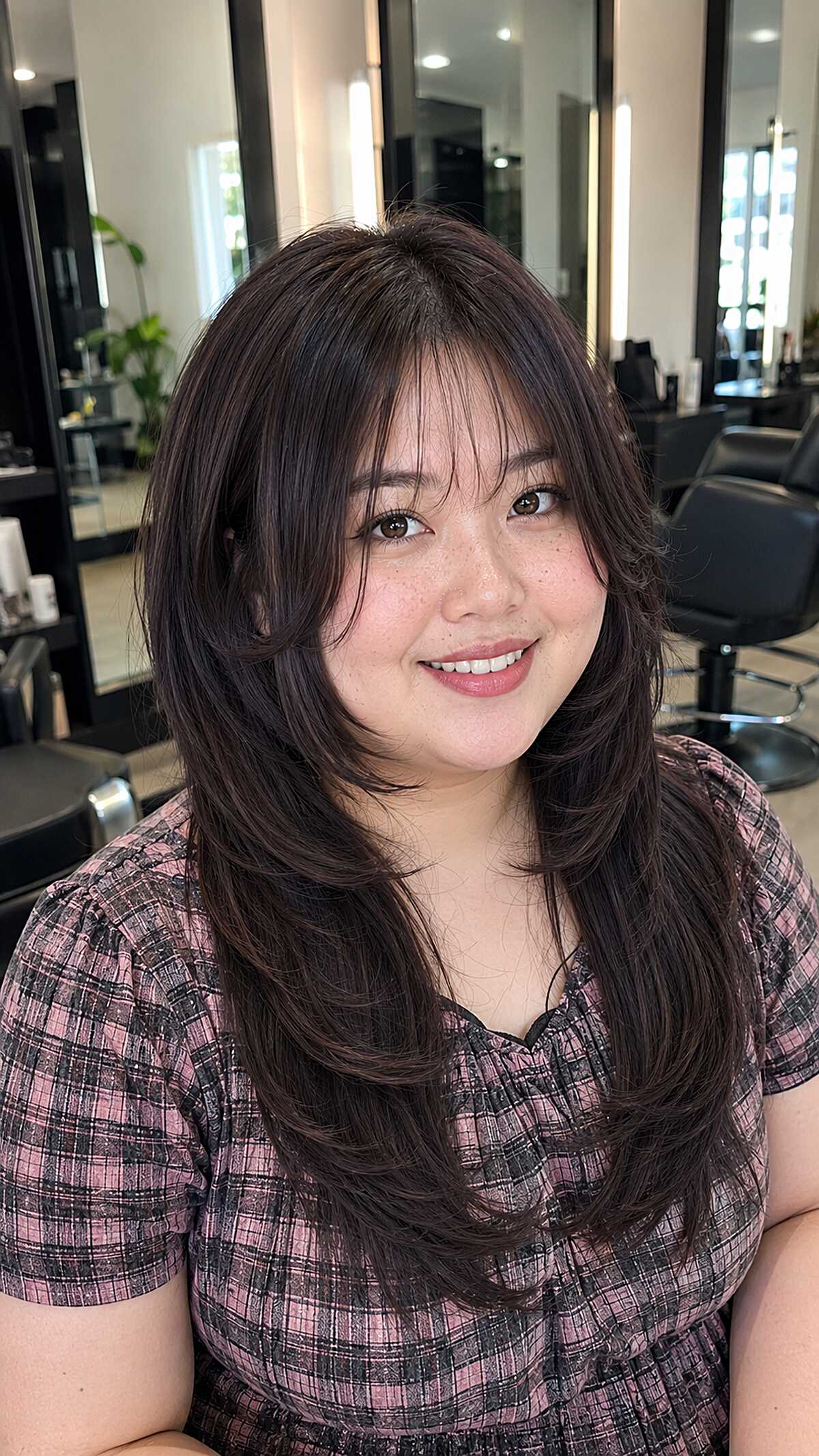 Long dark butterfly cut with layered side bangs