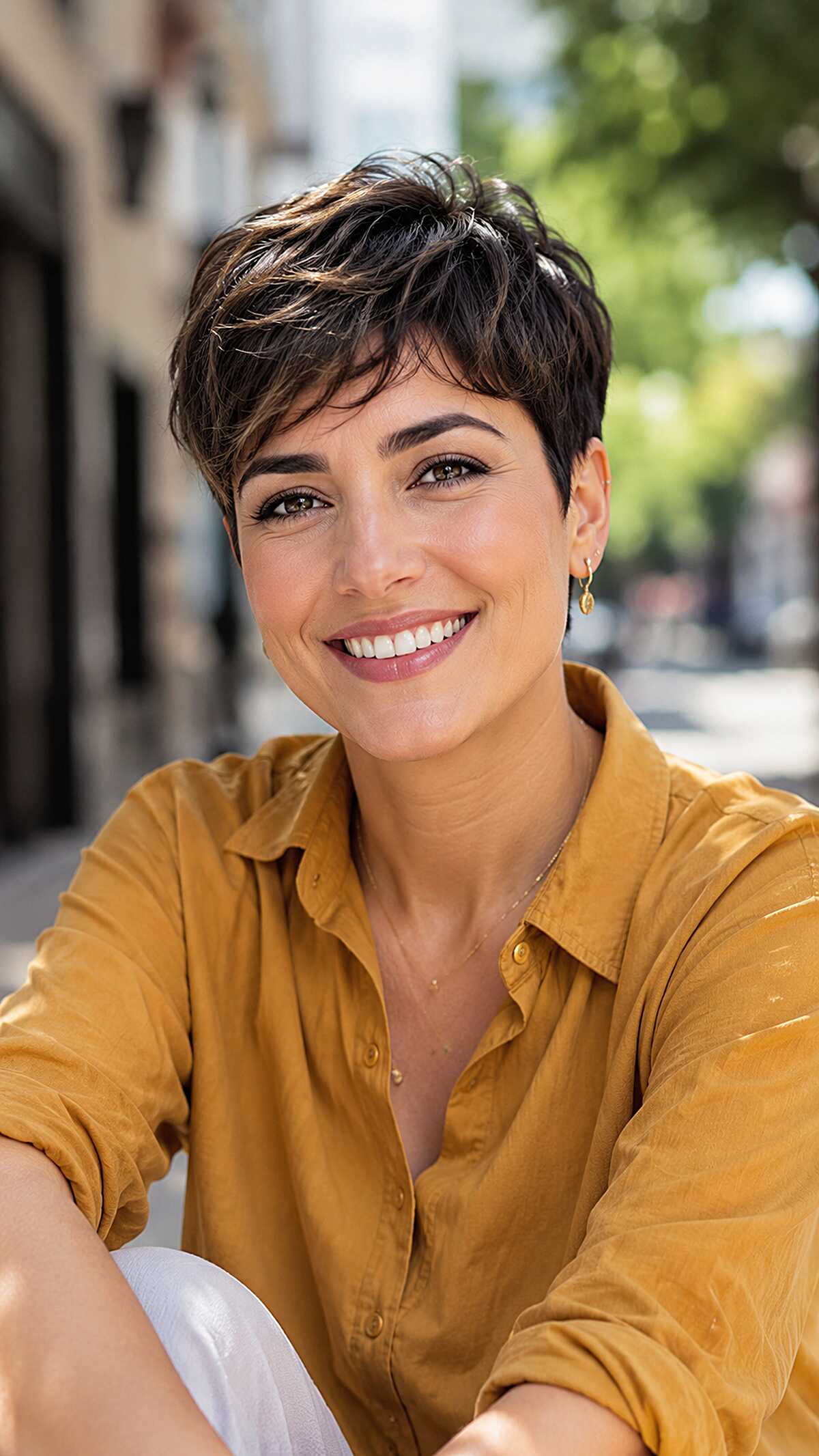Dark Textured Pixie with Golden Crown Highlights