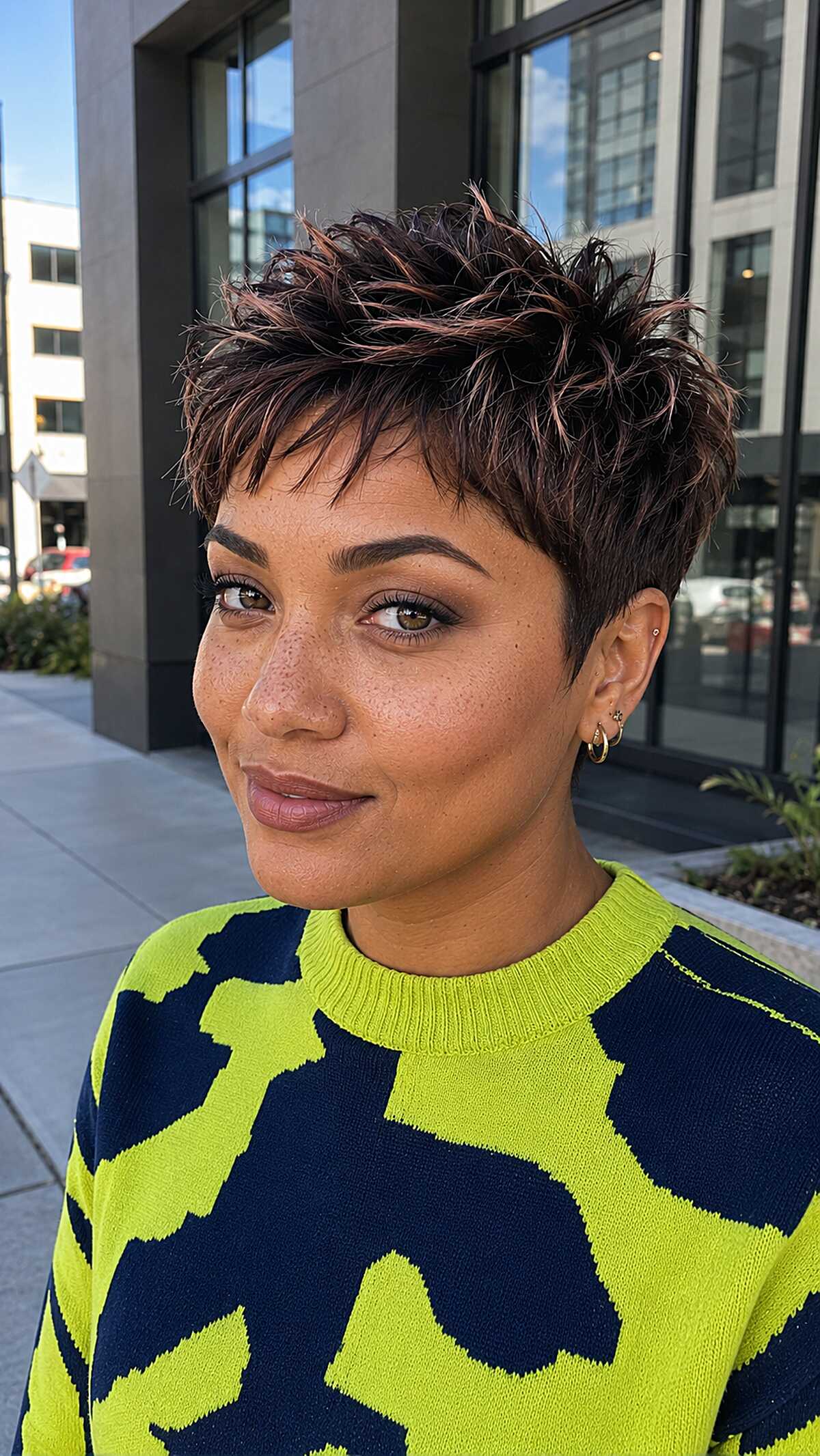 Edgy tousled micro pixie with burgundy highlights