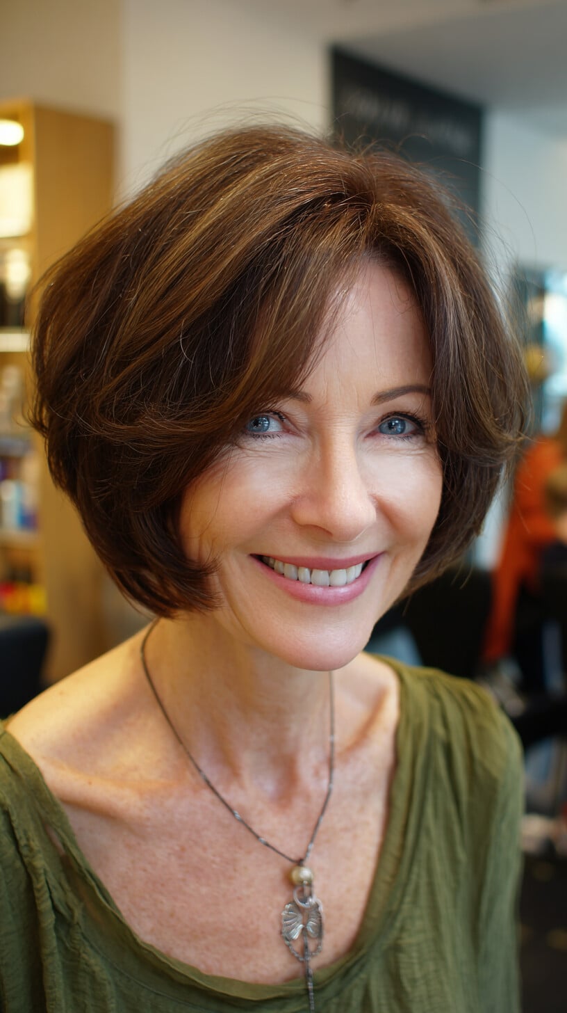 Feathered Brunette Bob with Natural Crown Volume