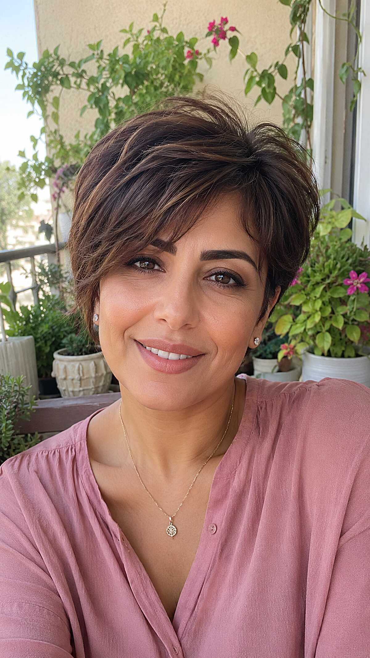 Feathered Dark Pixie with Soft Honey Highlights