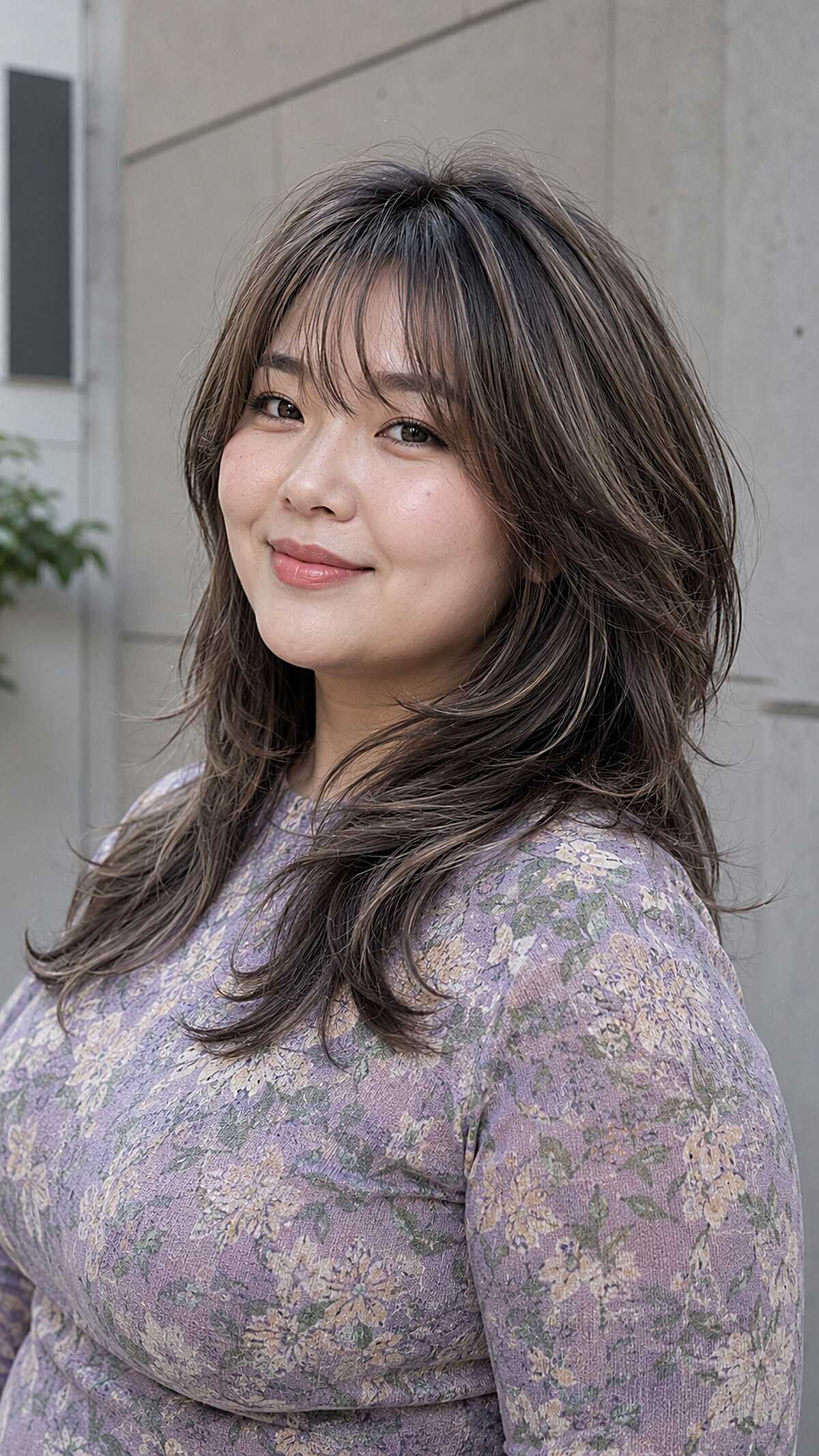 Feathered layers with wispy curtain bangs on dark hair