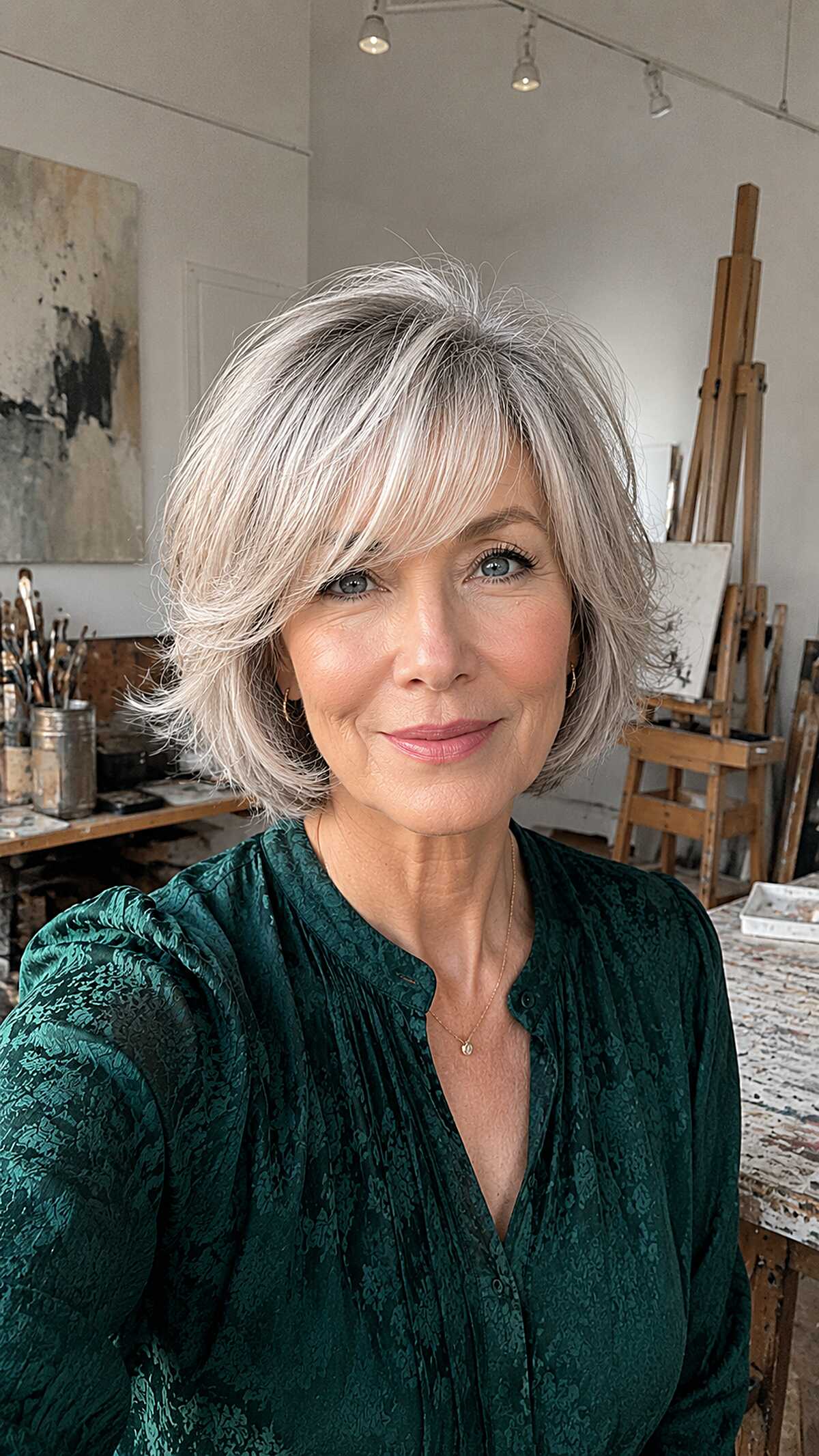 Feathered Silver-Blonde Jaw Bob with Piece-y Layered Fringe