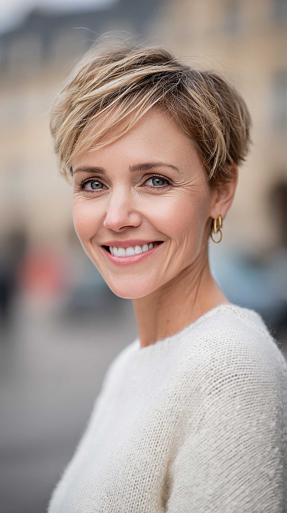 Fine-Haired Dirty Blonde Pixie with Bright Face-Framing Pieces