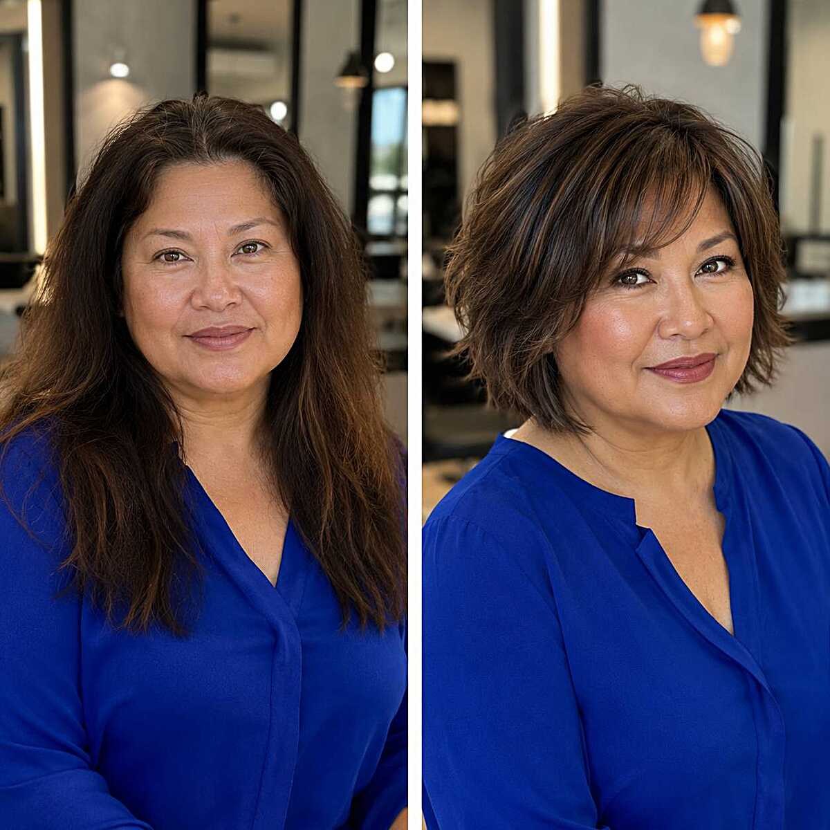 Before and after: long hair to layered brunette bob
